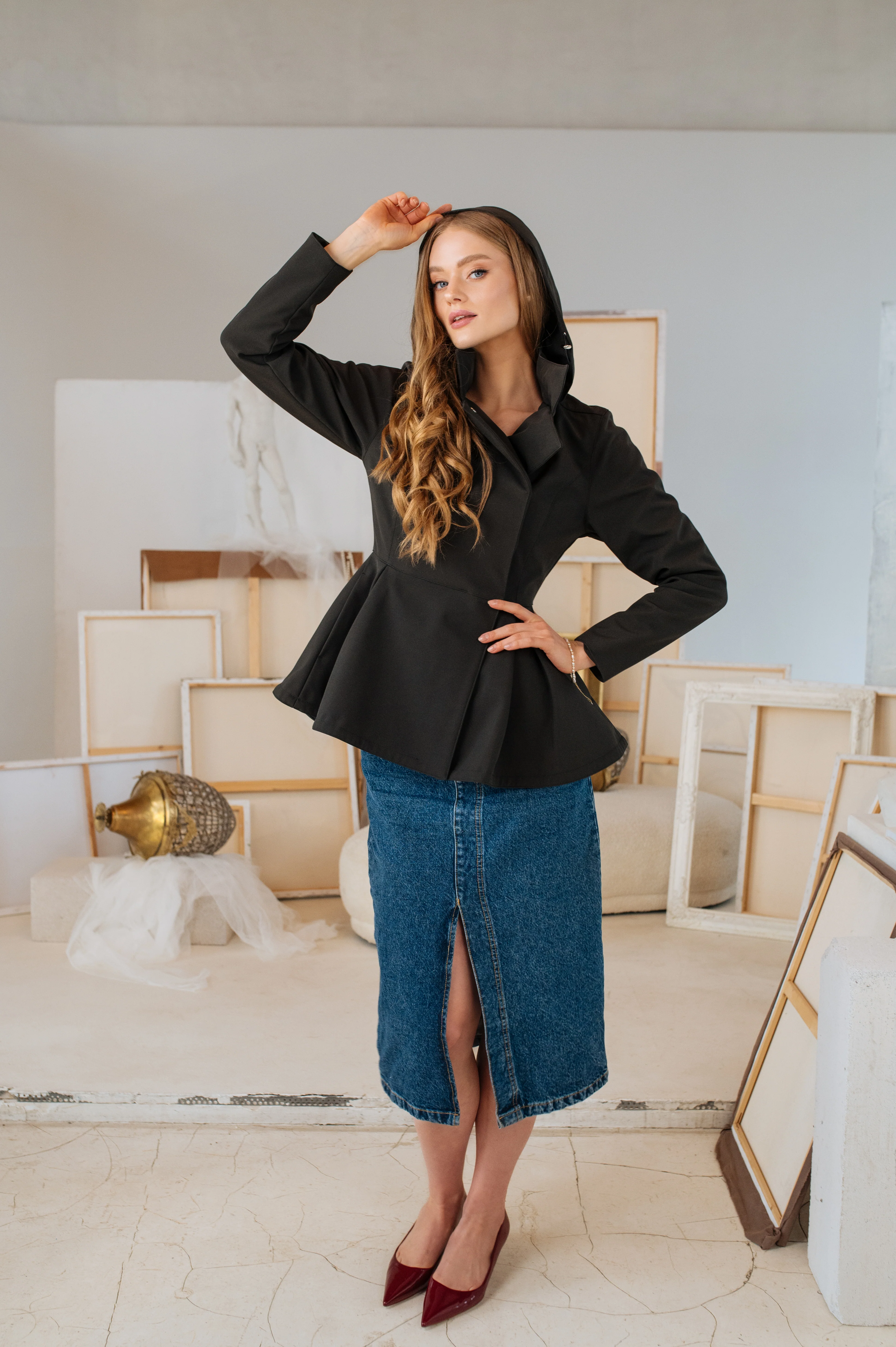 Double Breasted Jacket with Detachable Hood in Black | Evening Blush - Image 5