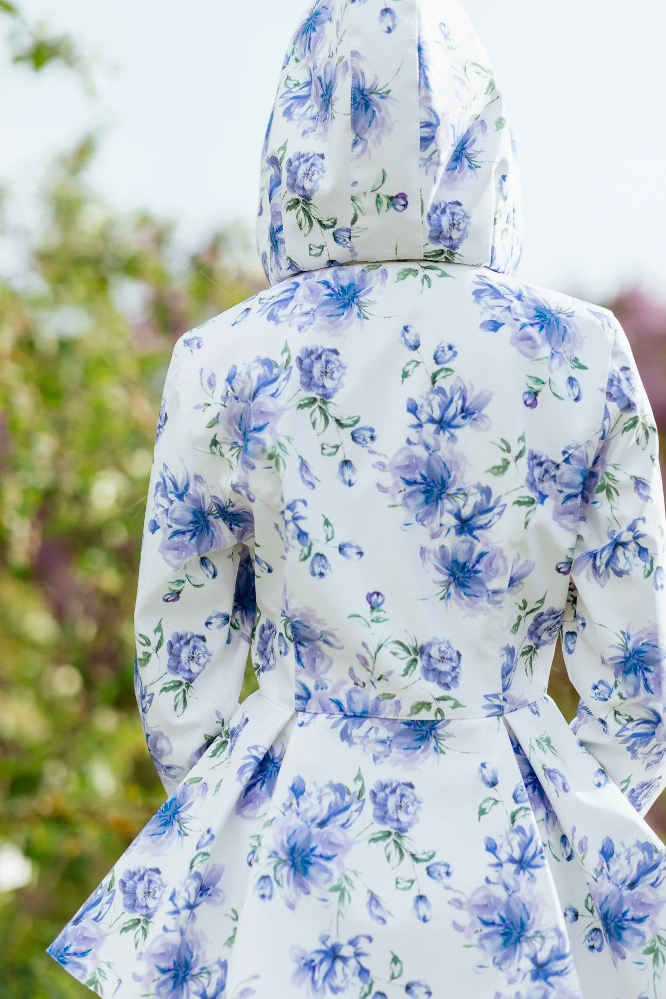 Double Breasted Jacket with Detachable Hood in White with Blue Flower Print | Blue Whisper - Image 5