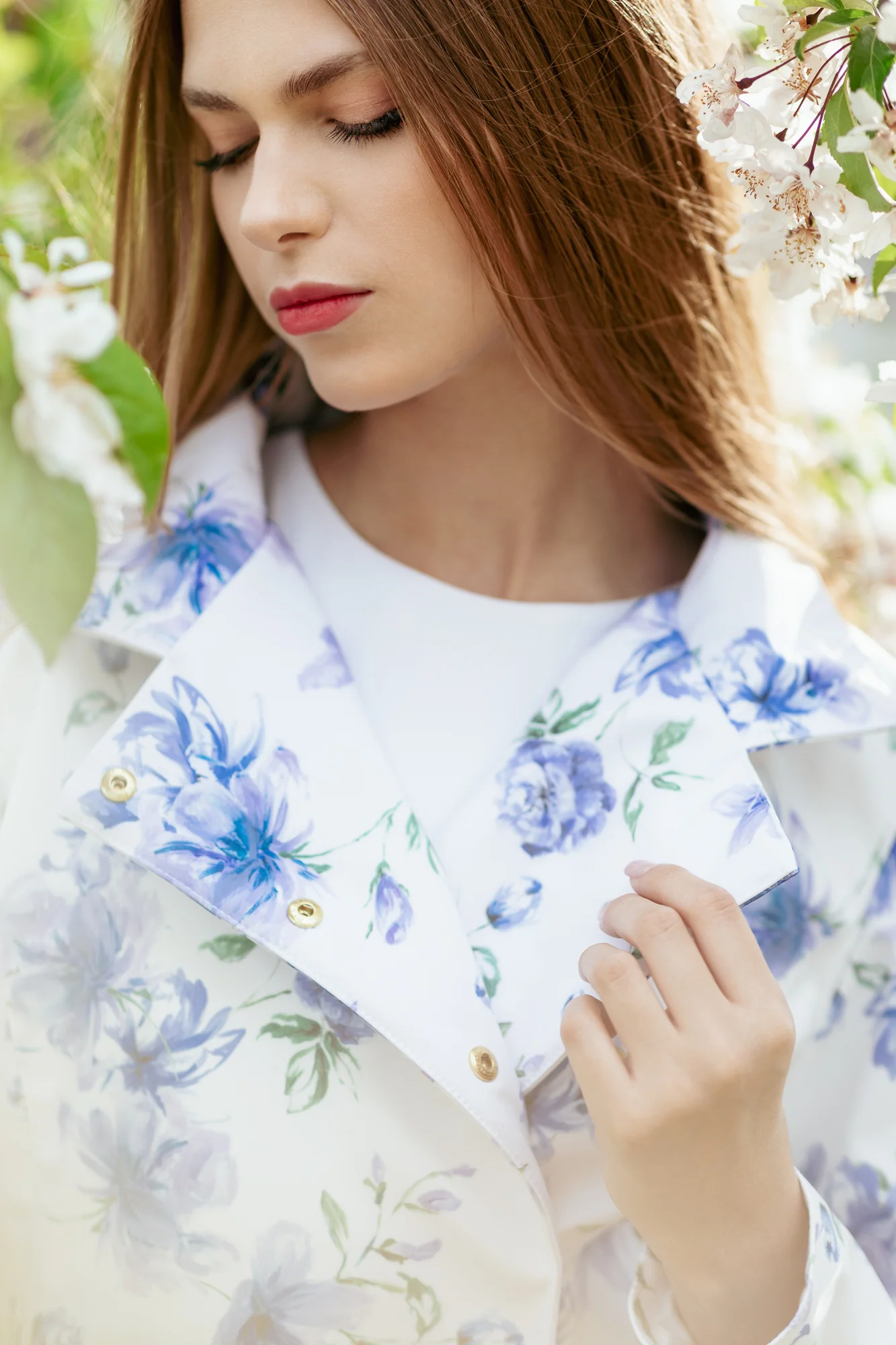 Double Breasted Jacket with Detachable Hood in White with Blue Flower Print | Blue Whisper - Image 6