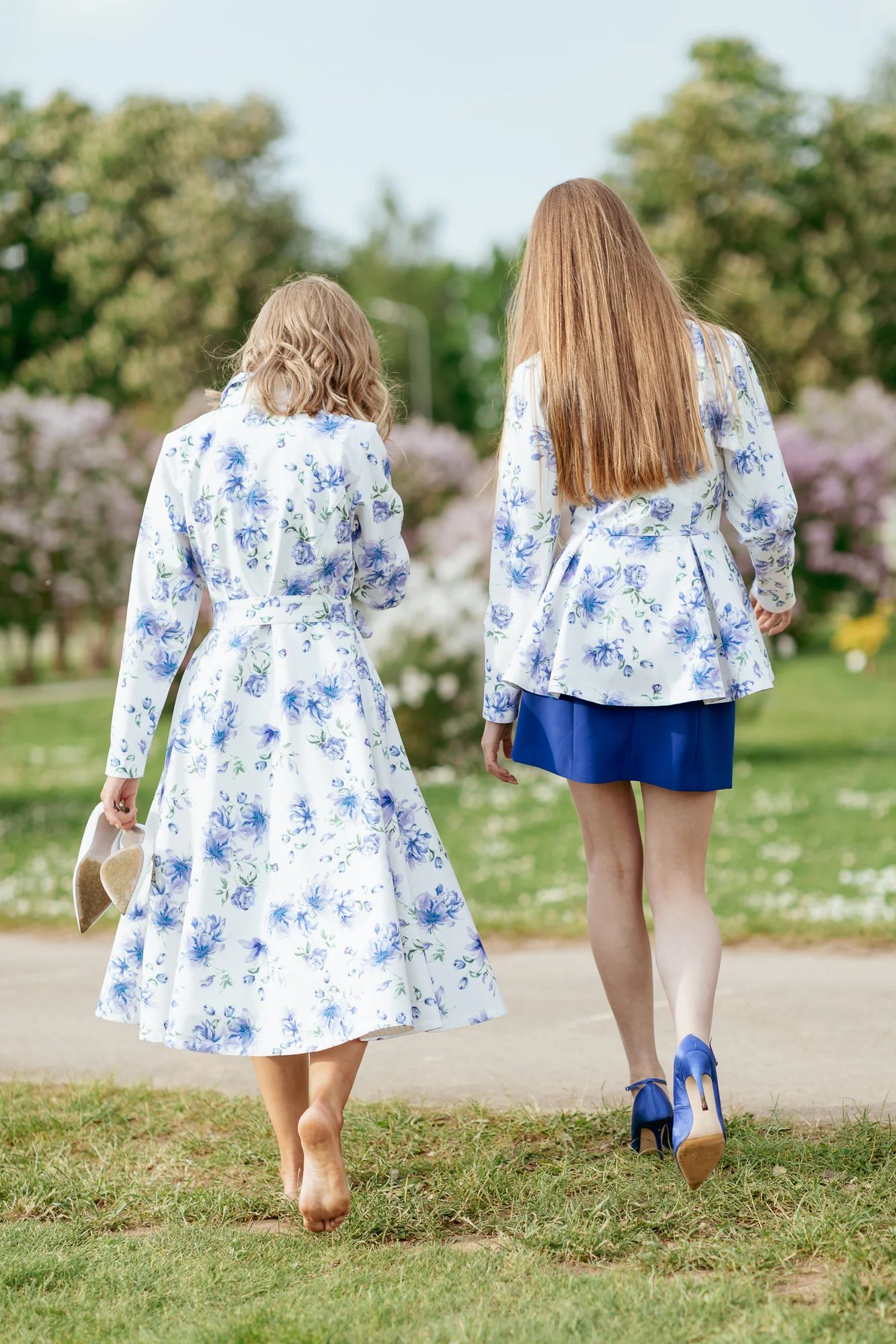 Double Breasted Jacket with Detachable Hood in White with Blue Flower Print | Blue Whisper - Image 7