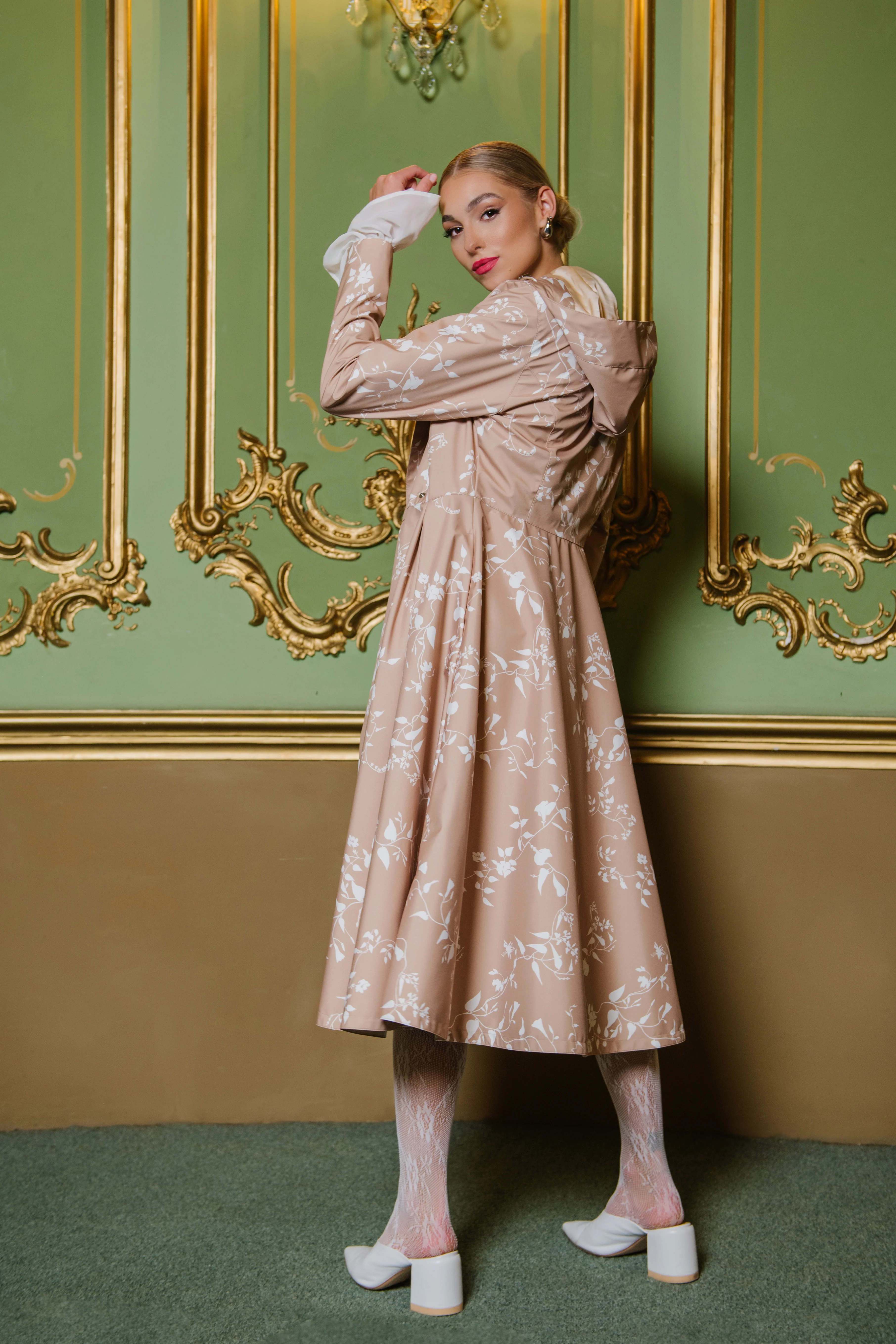 Double Breasted Trench Coat for Spring in Beige with White Floral Print | Powder Dream - Image 3