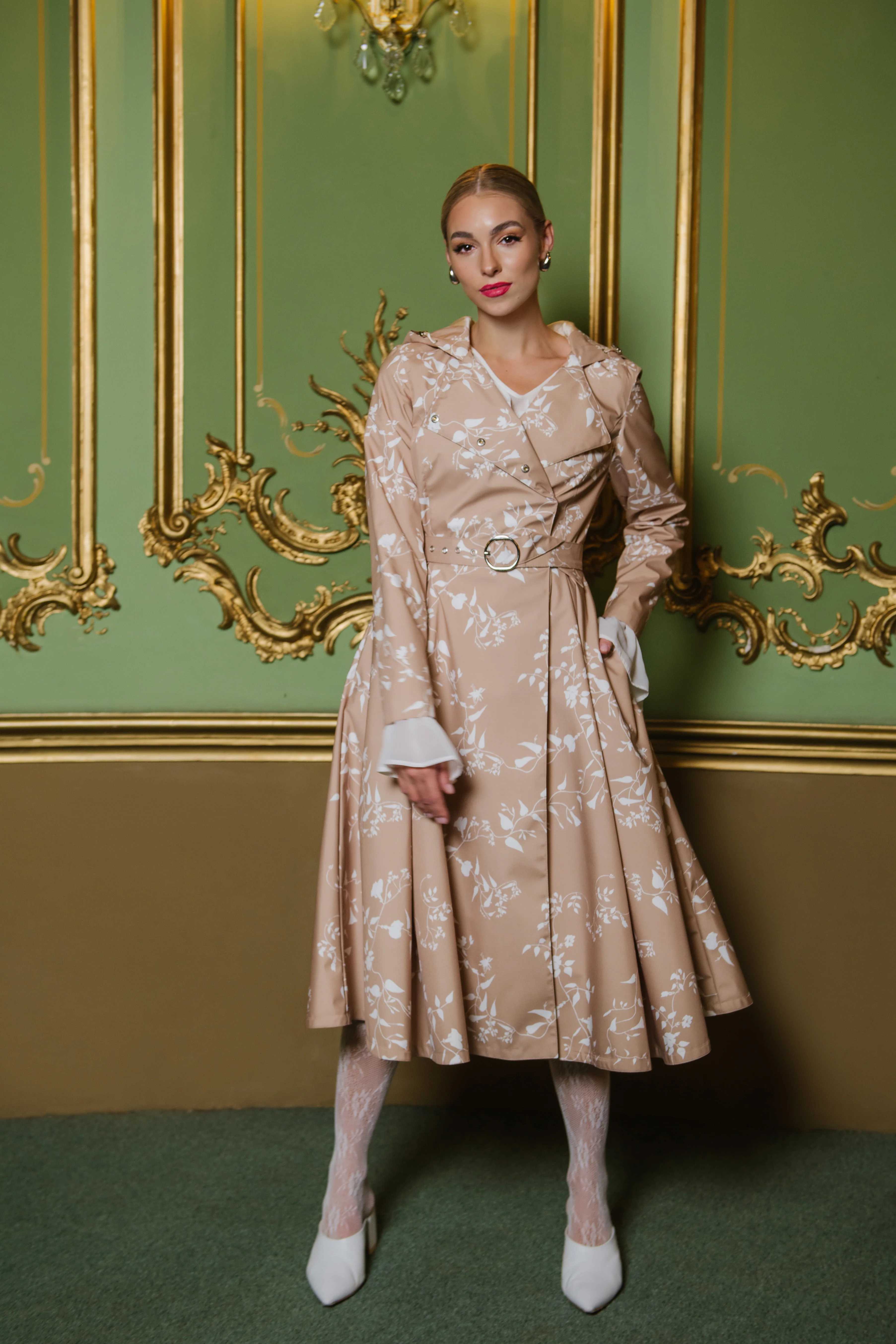 Double Breasted Trench Coat for Spring in Beige with White Floral Print | Powder Dream - Image 5