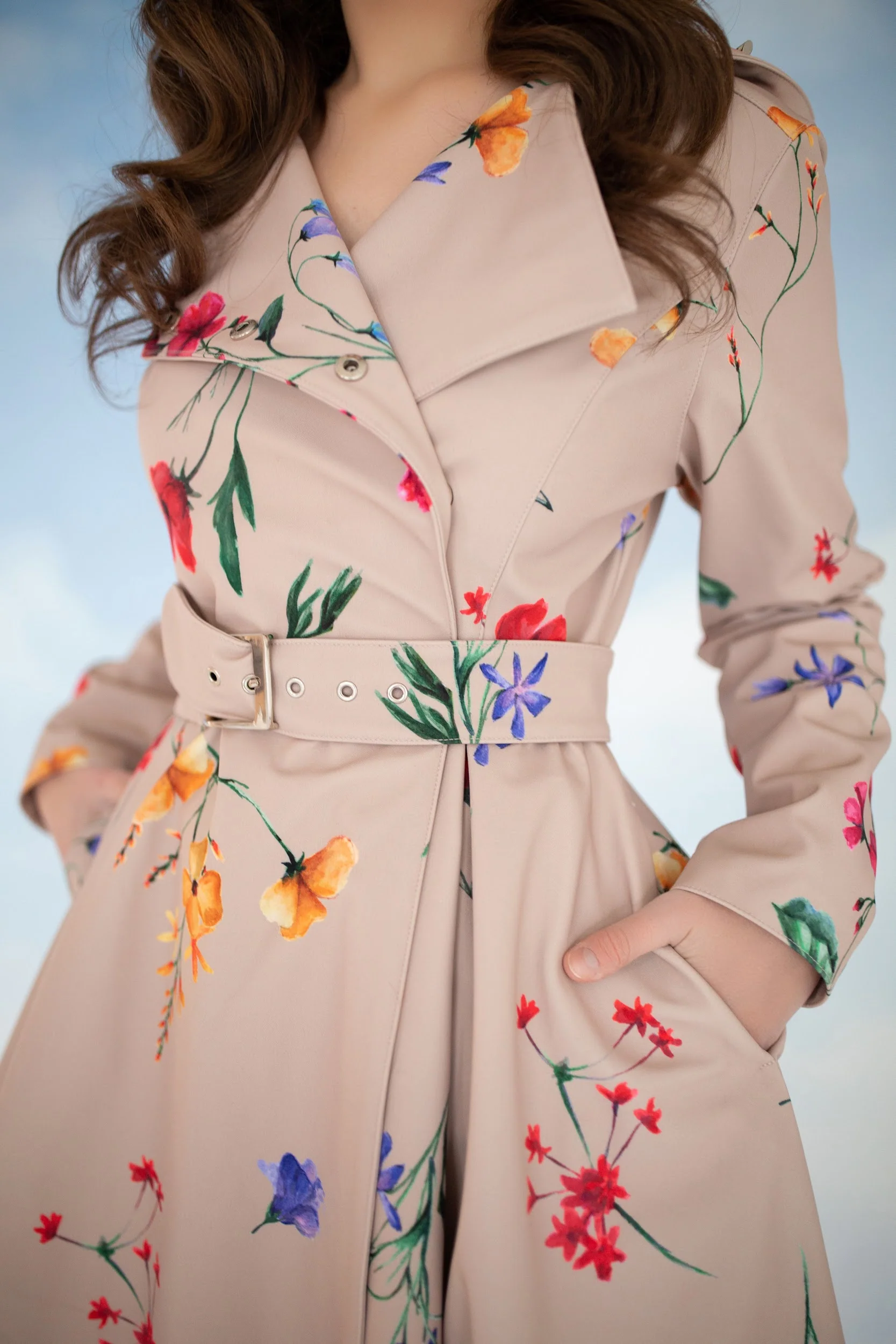 Double Breasted Trench Coat in Beige with Flower Print | Spring Bloom - Image 5