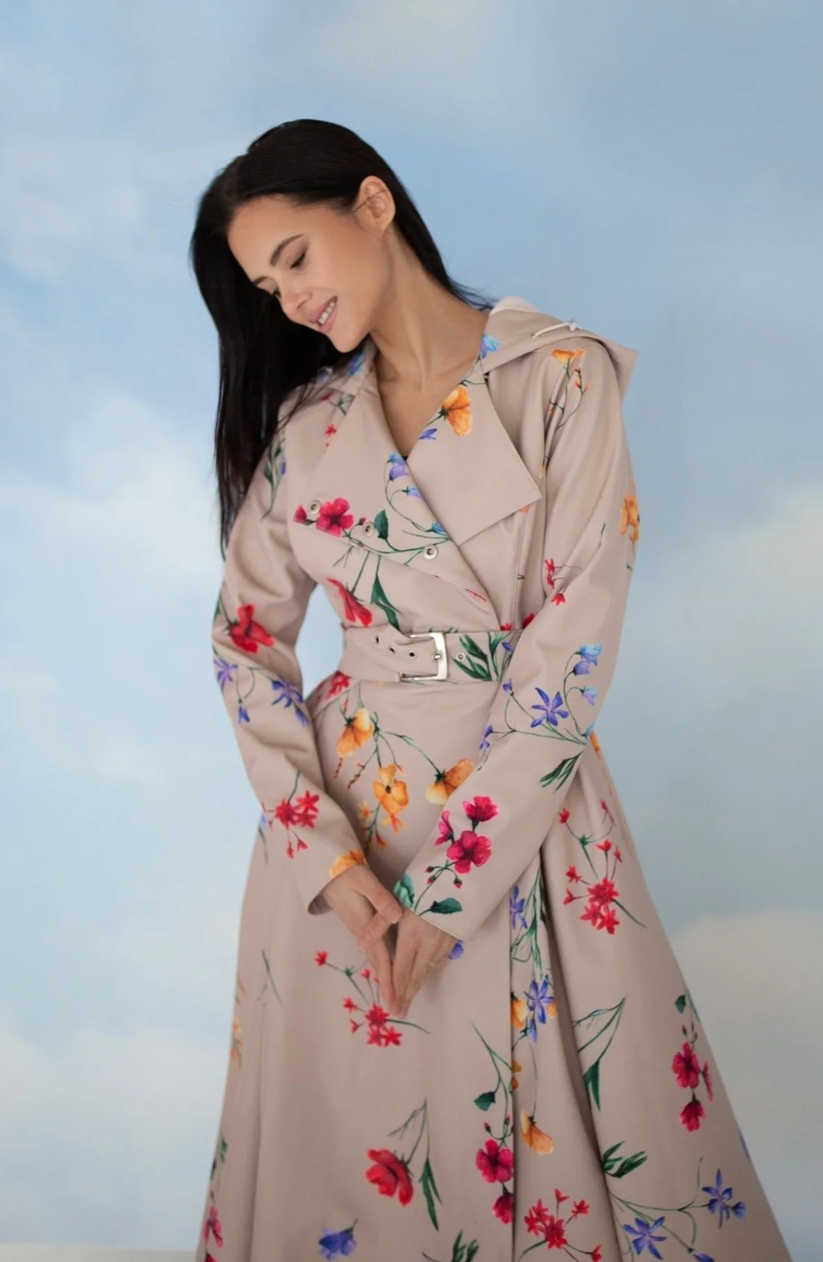 Double Breasted Trench Coat in Beige with Flower Print | Spring Bloom - Image 6