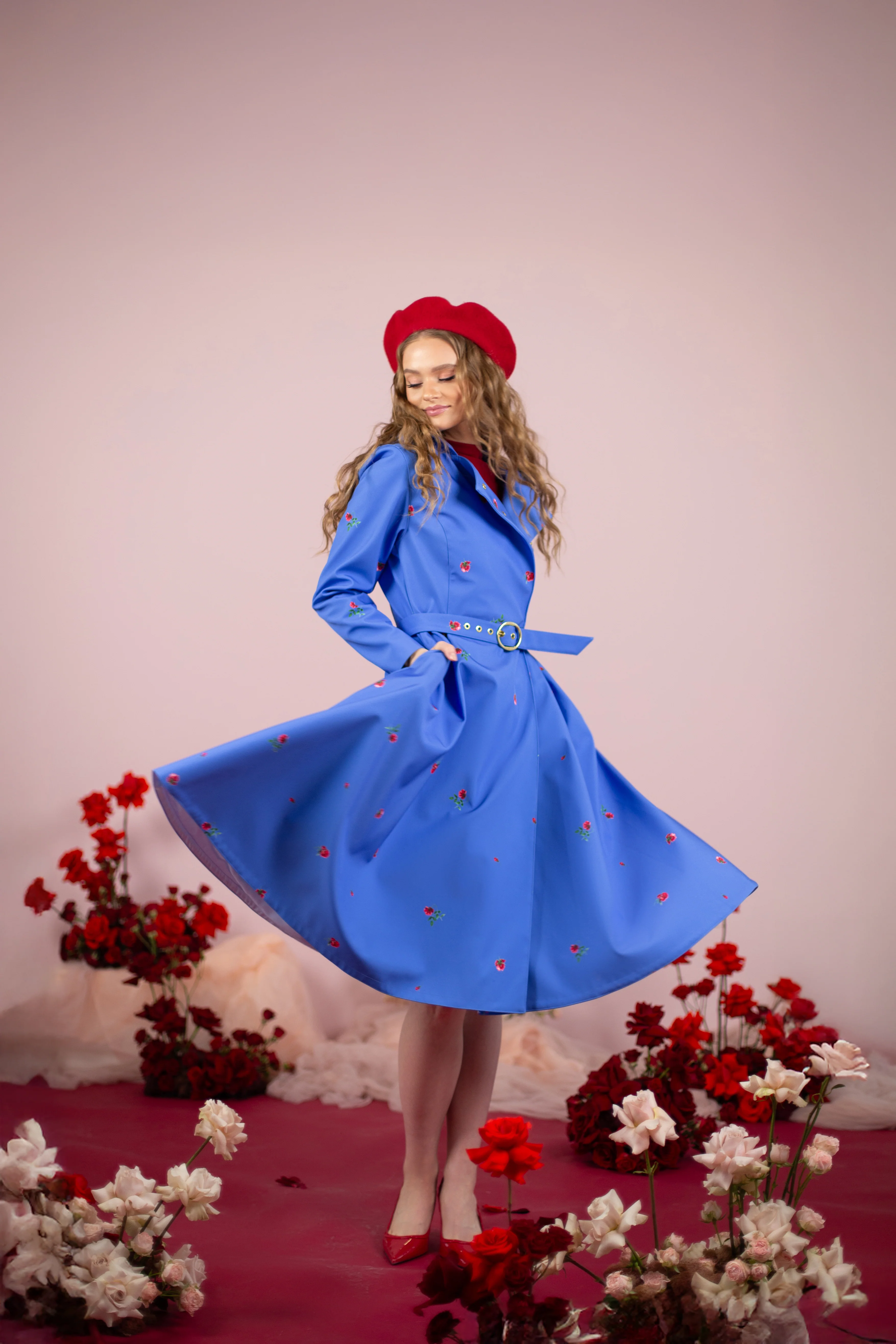 Double Breasted Trench Coat in Blue with Flower Print | Forget-Me-Not - Image 2