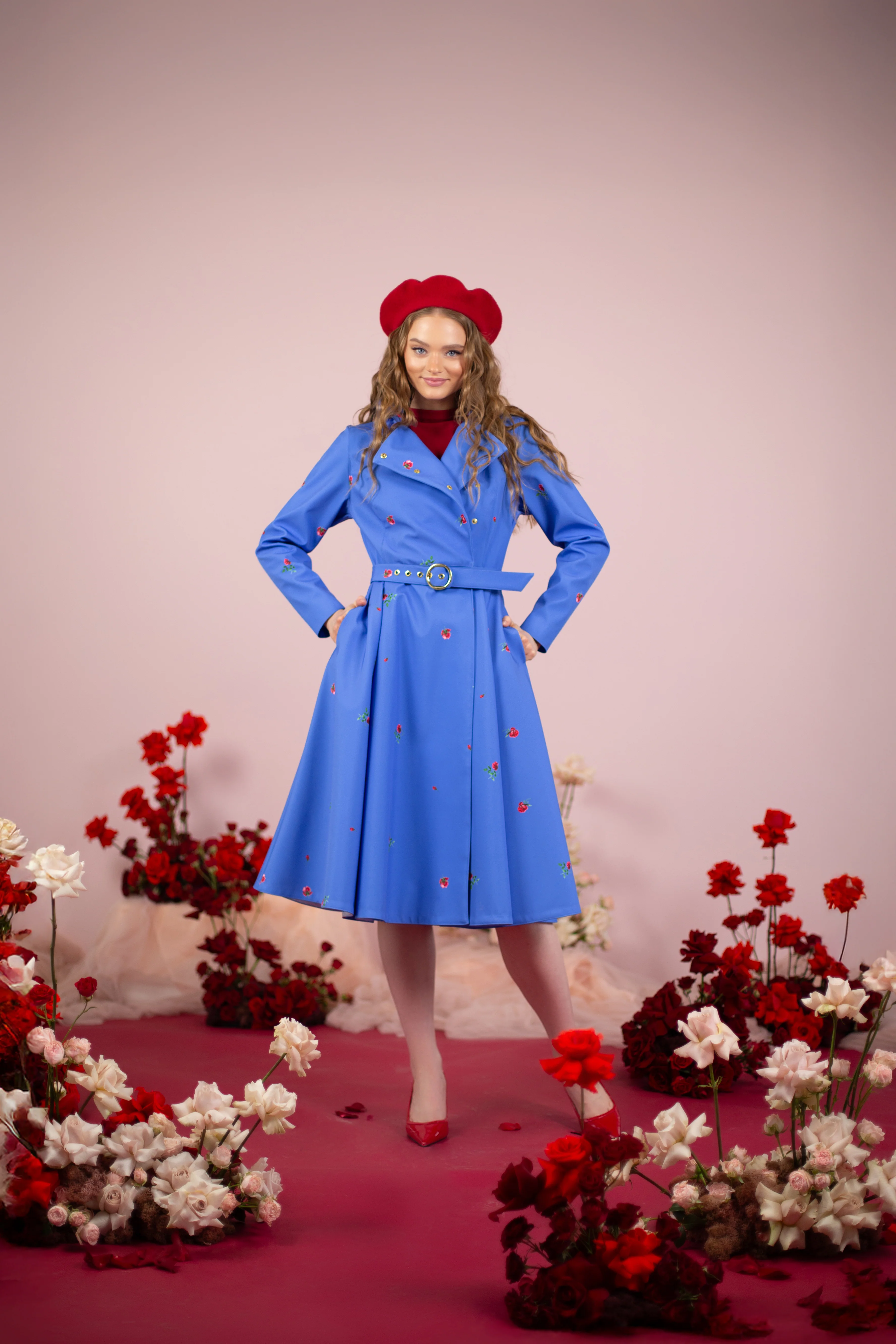 Double Breasted Trench Coat in Blue with Flower Print | Forget-Me-Not - Image 3