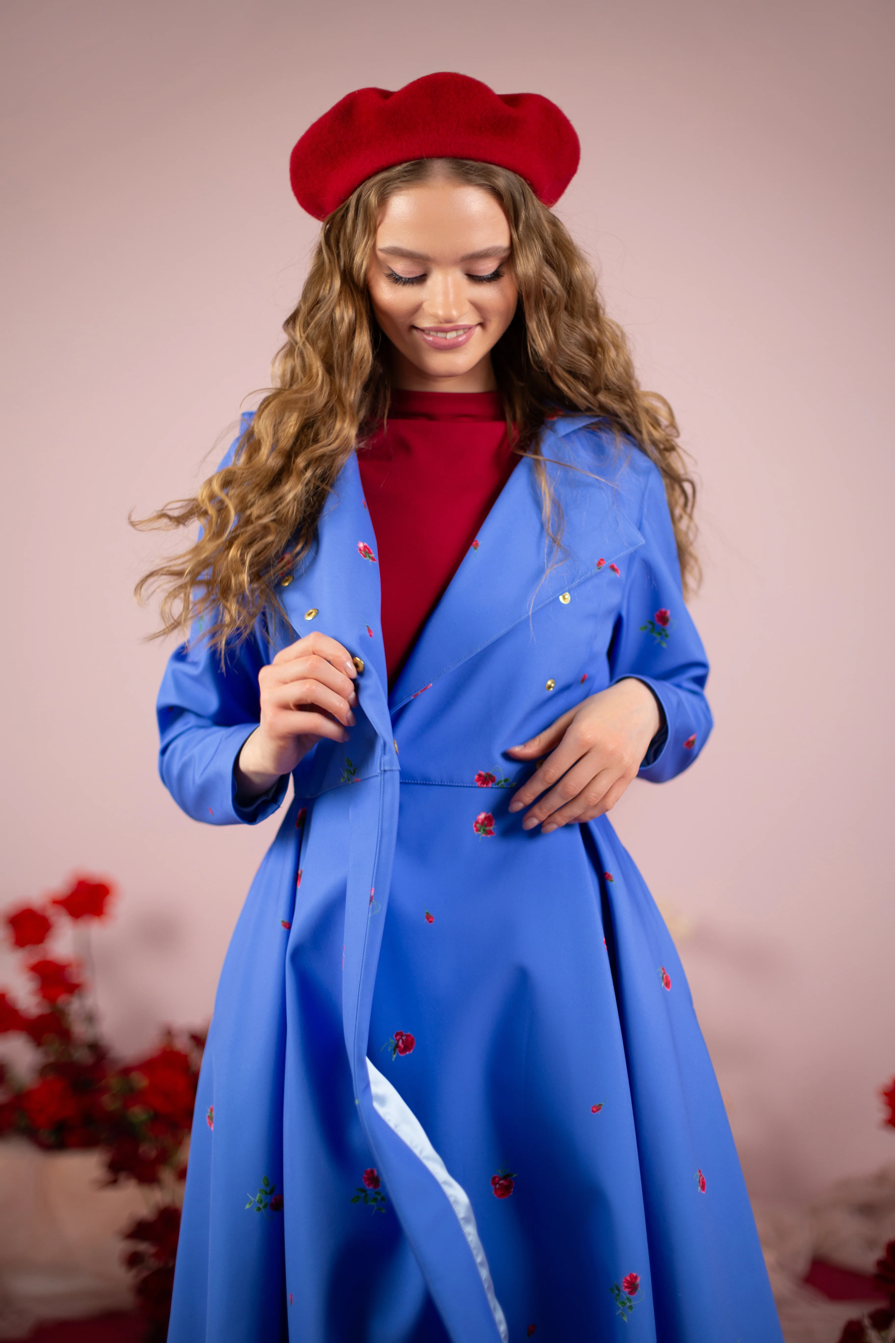 Double Breasted Trench Coat in Blue with Flower Print | Forget-Me-Not - Image 4