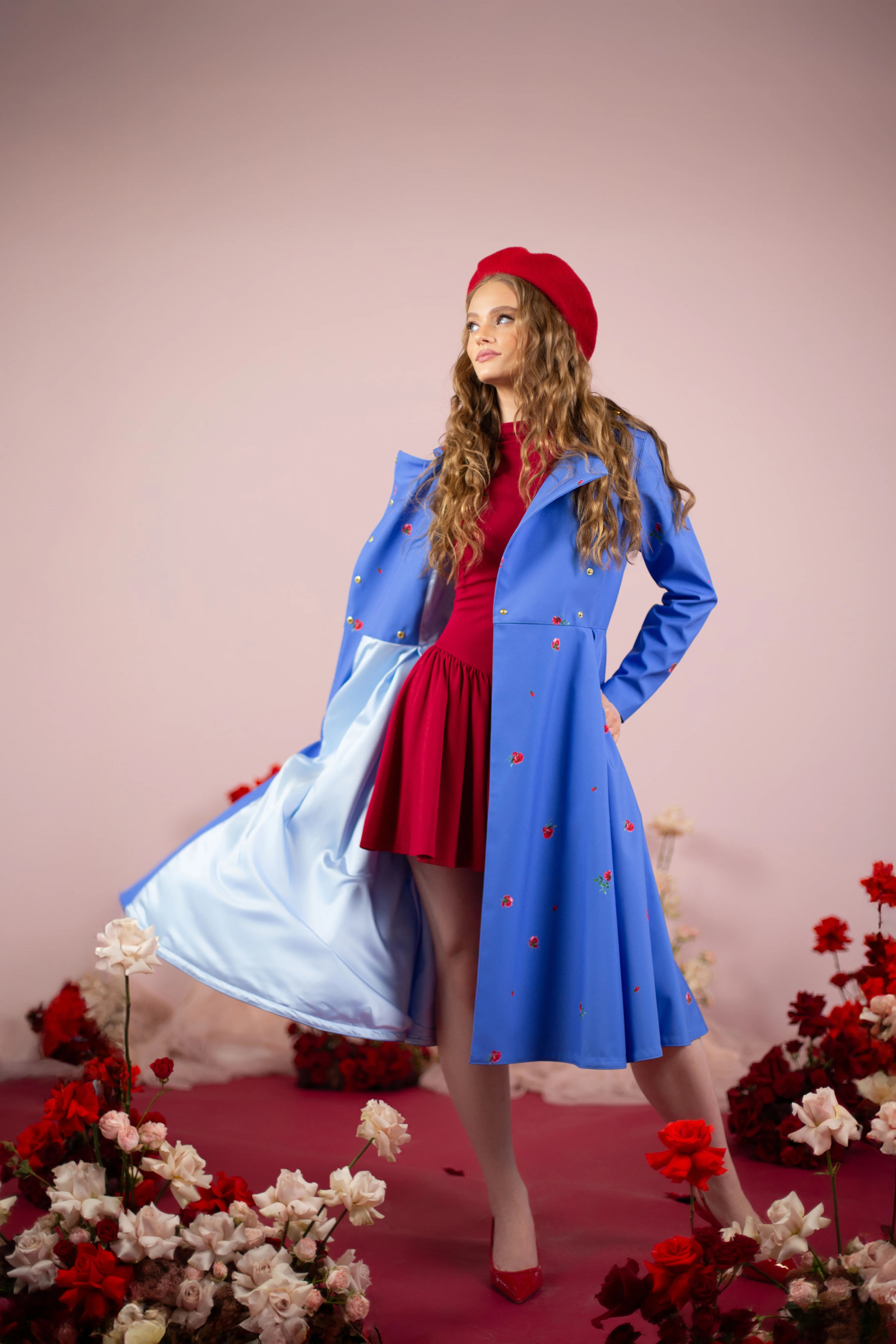 Double Breasted Trench Coat in Blue with Flower Print | Forget-Me-Not - Image 5