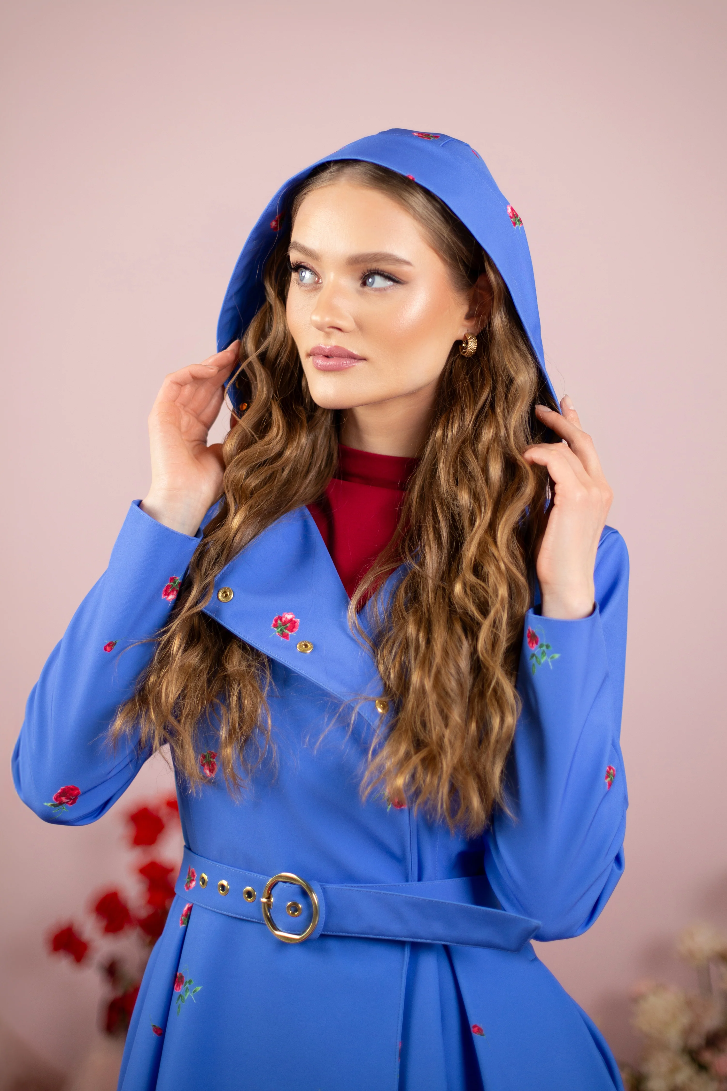 Double Breasted Trench Coat in Blue with Flower Print | Forget-Me-Not - Image 7