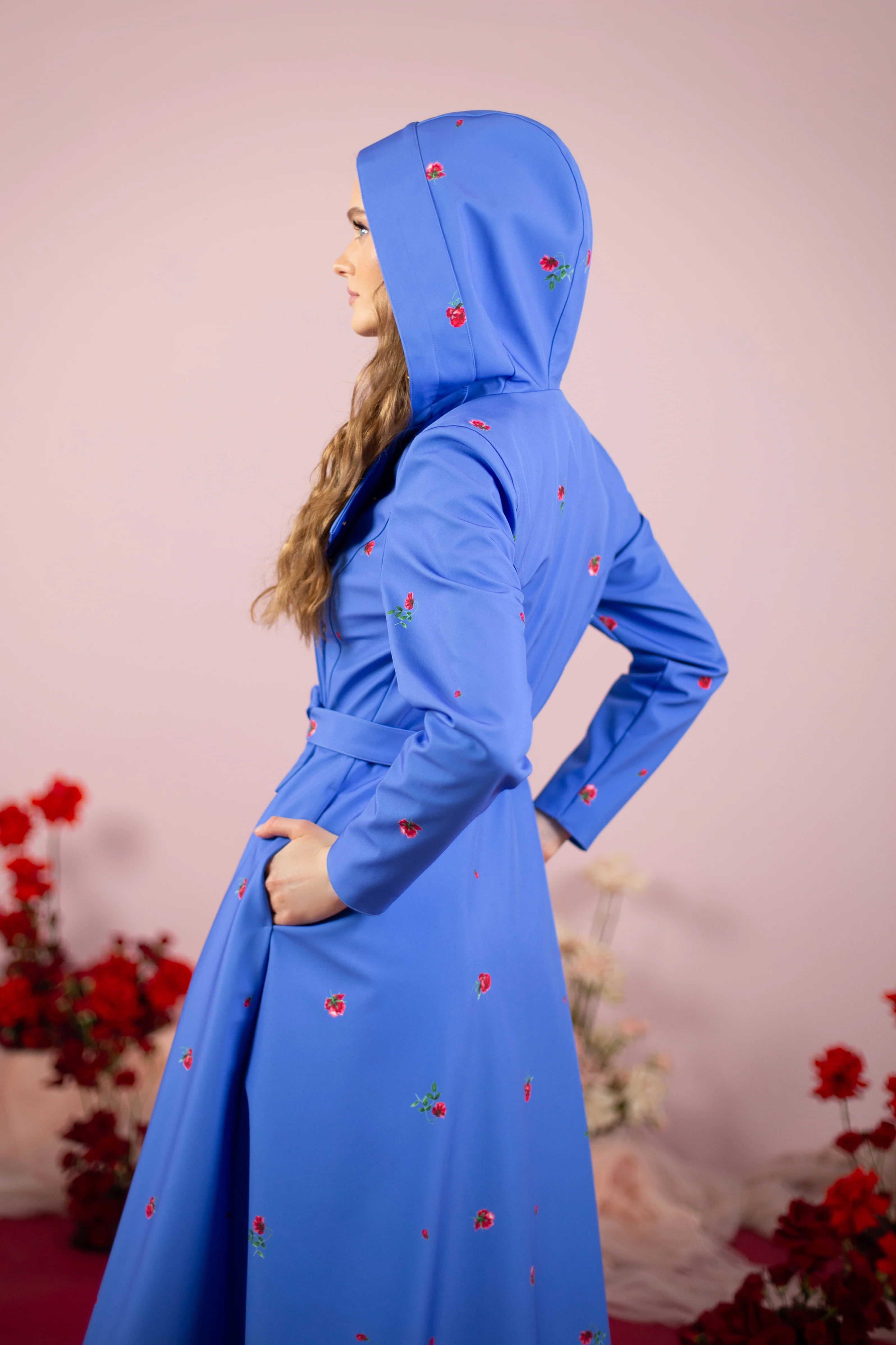 Double Breasted Trench Coat in Blue with Flower Print | Forget-Me-Not - Image 8