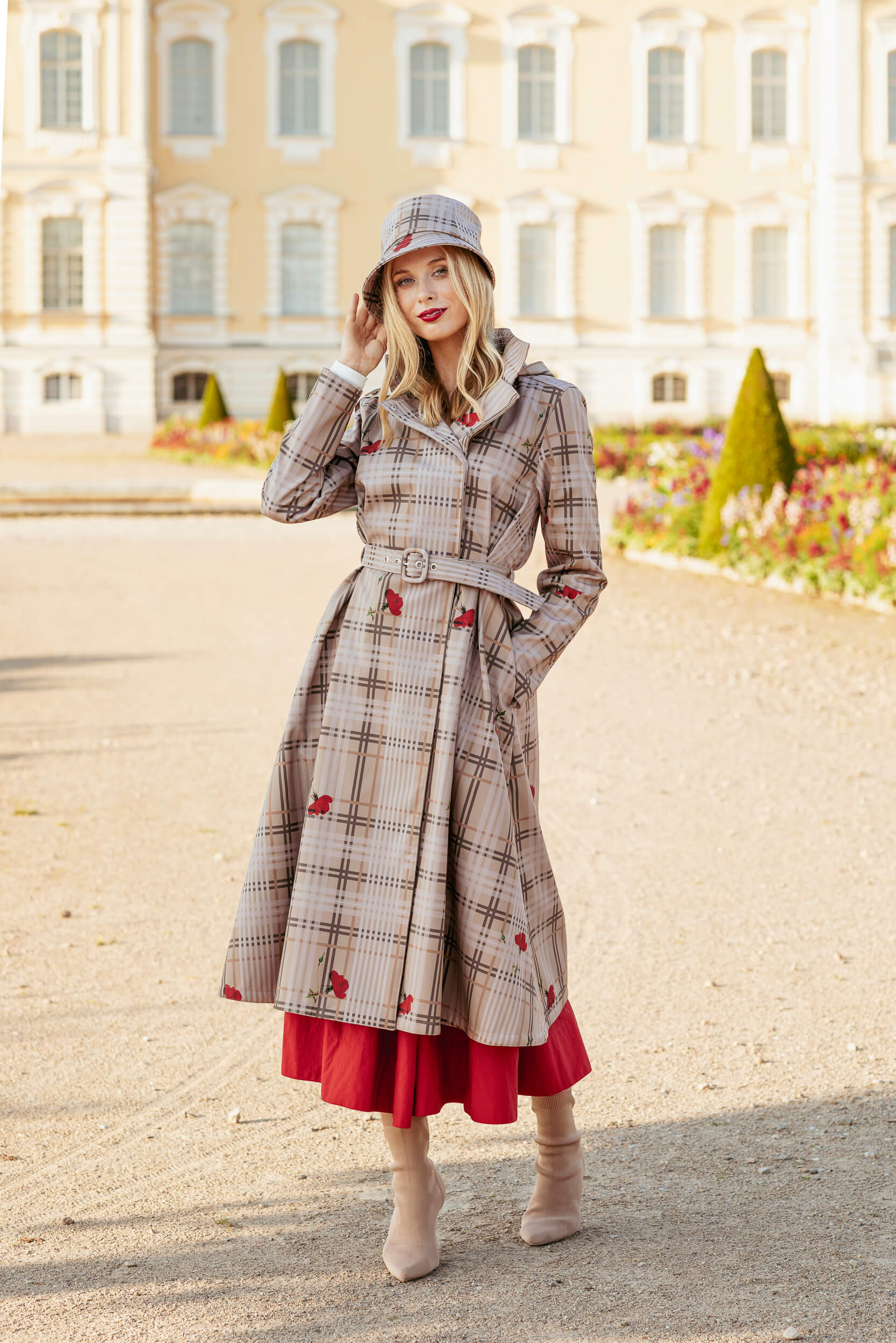Double Breasted Women's Coat with Front Pleats in Beige | Blush of the Crown