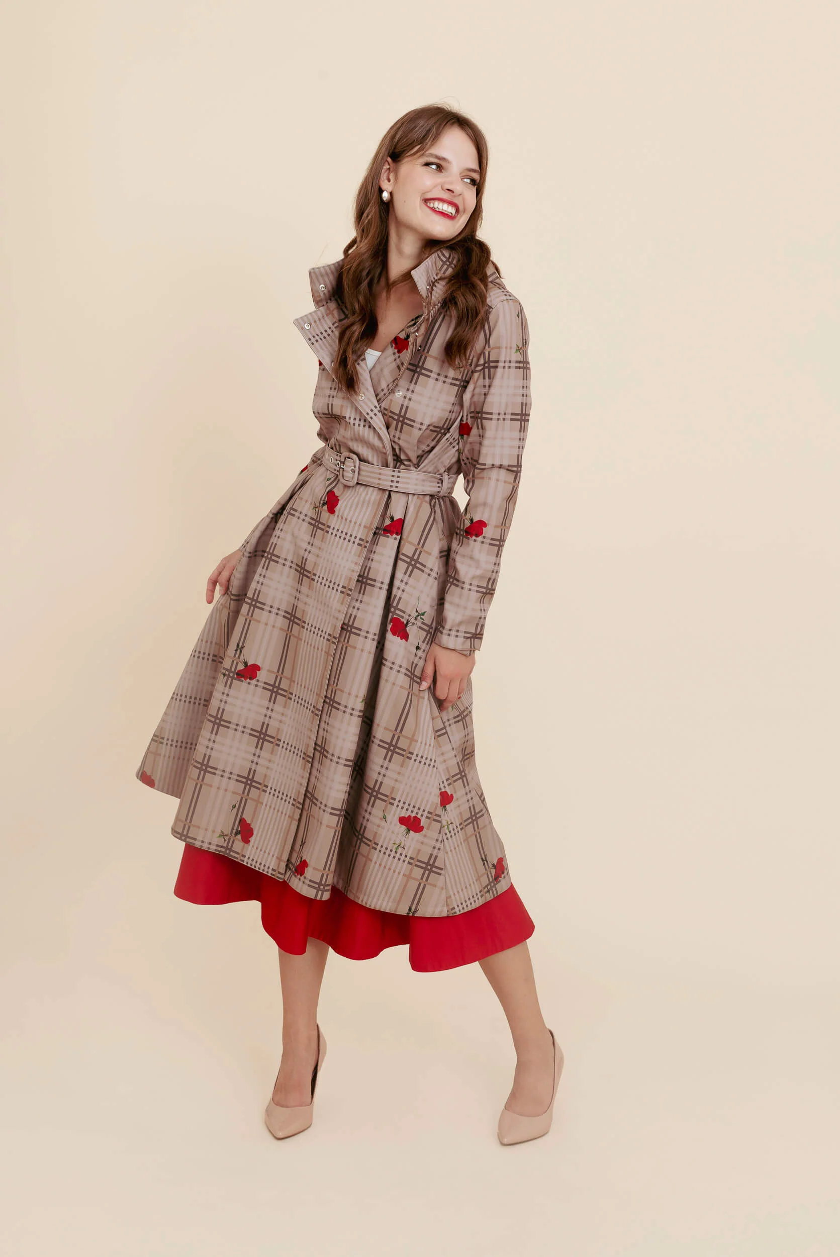 Double Breasted Women's Coat with Front Pleats in Beige | Blush of the Crown - Image 9
