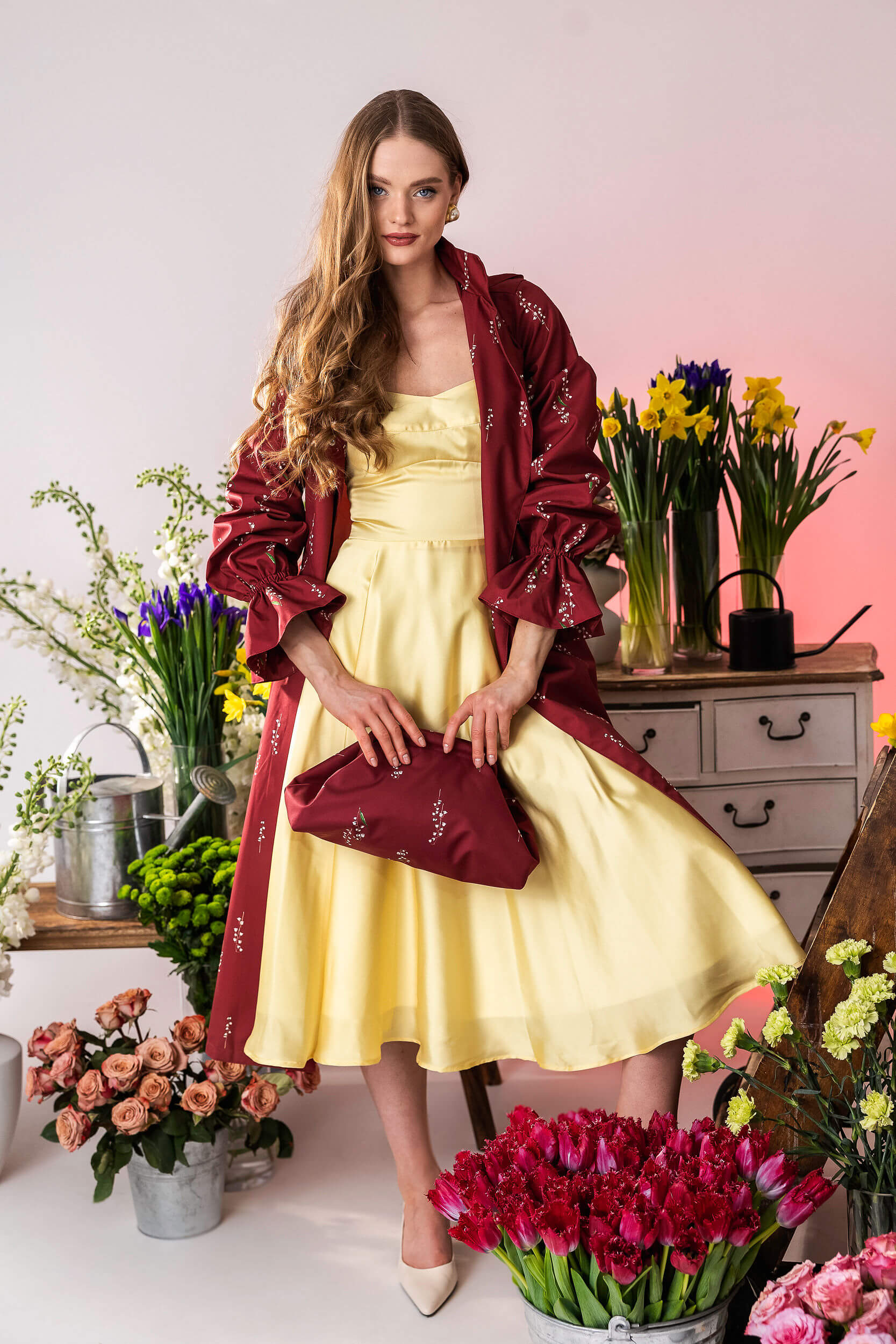 Double Breasted Women's Spring Coat with Front Pleats in Red | Crimson Lily - Image 8