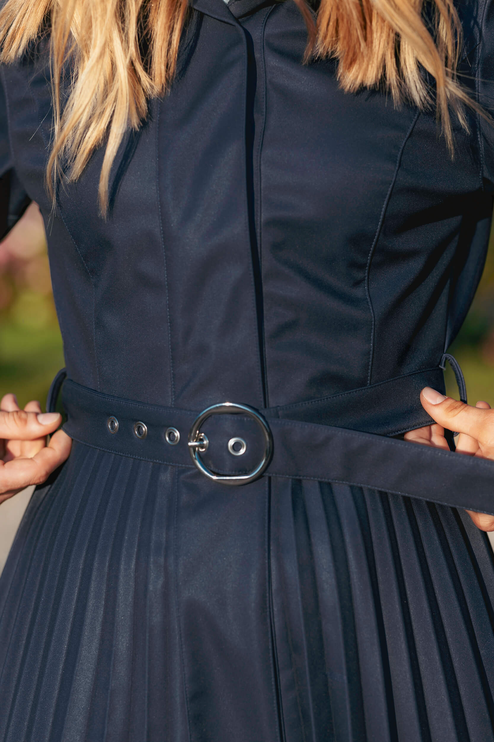 Fit and Flare Blue Women’s A-Line Coat with Pleated Skirt | Blue Serenade - Image 3