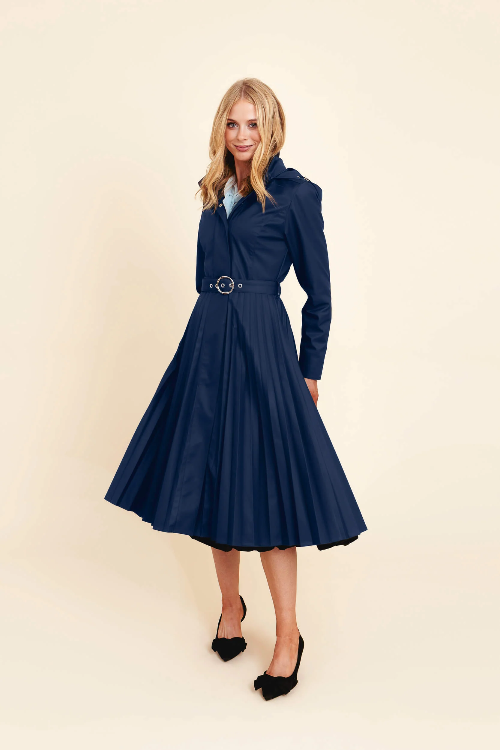 Fit and Flare Blue Women’s A-Line Coat with Pleated Skirt | Blue Serenade - Image 9