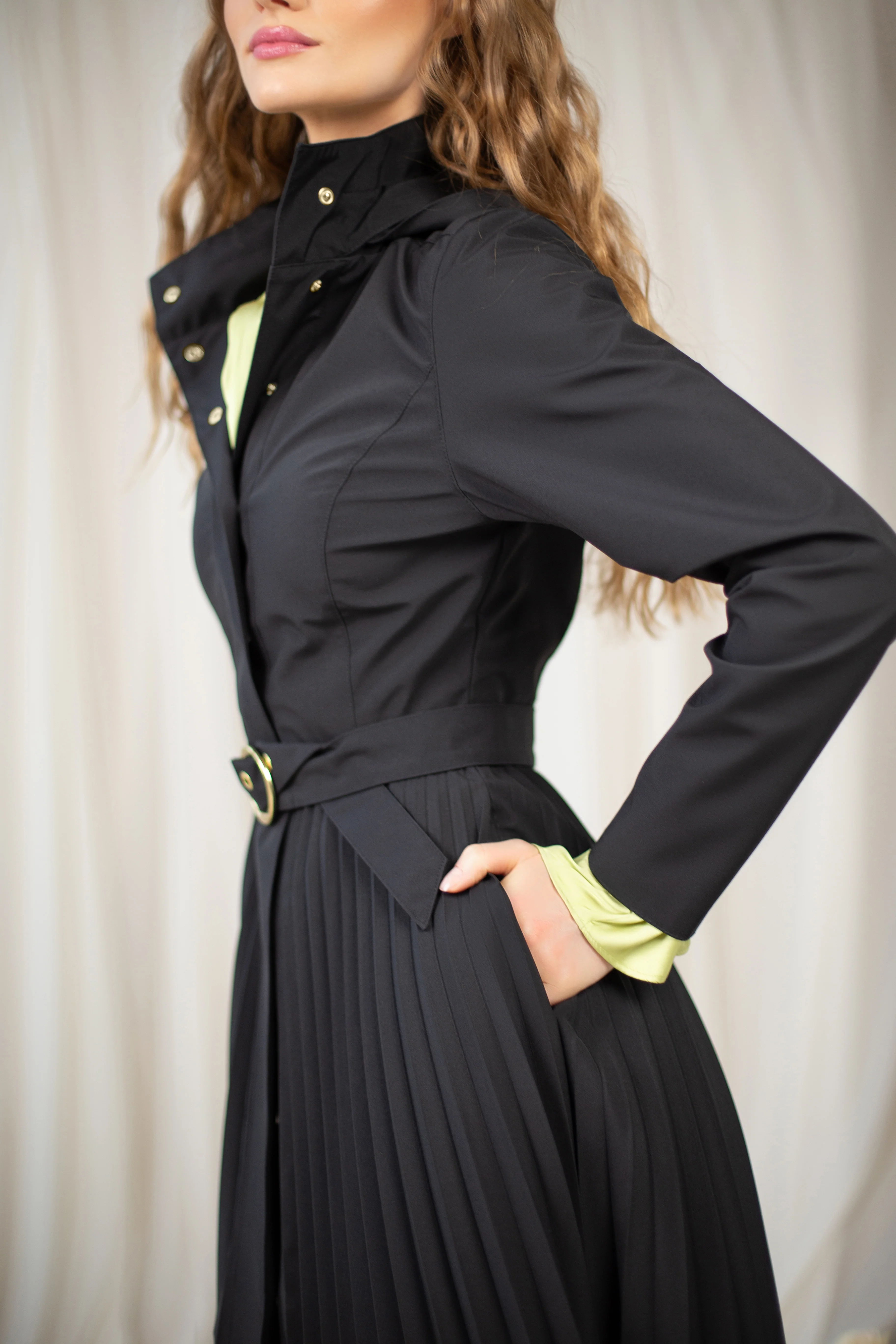 Fit and Flare Coat with A-Line Pleated Skirt for Spring in Black | Black Sway - Image 5