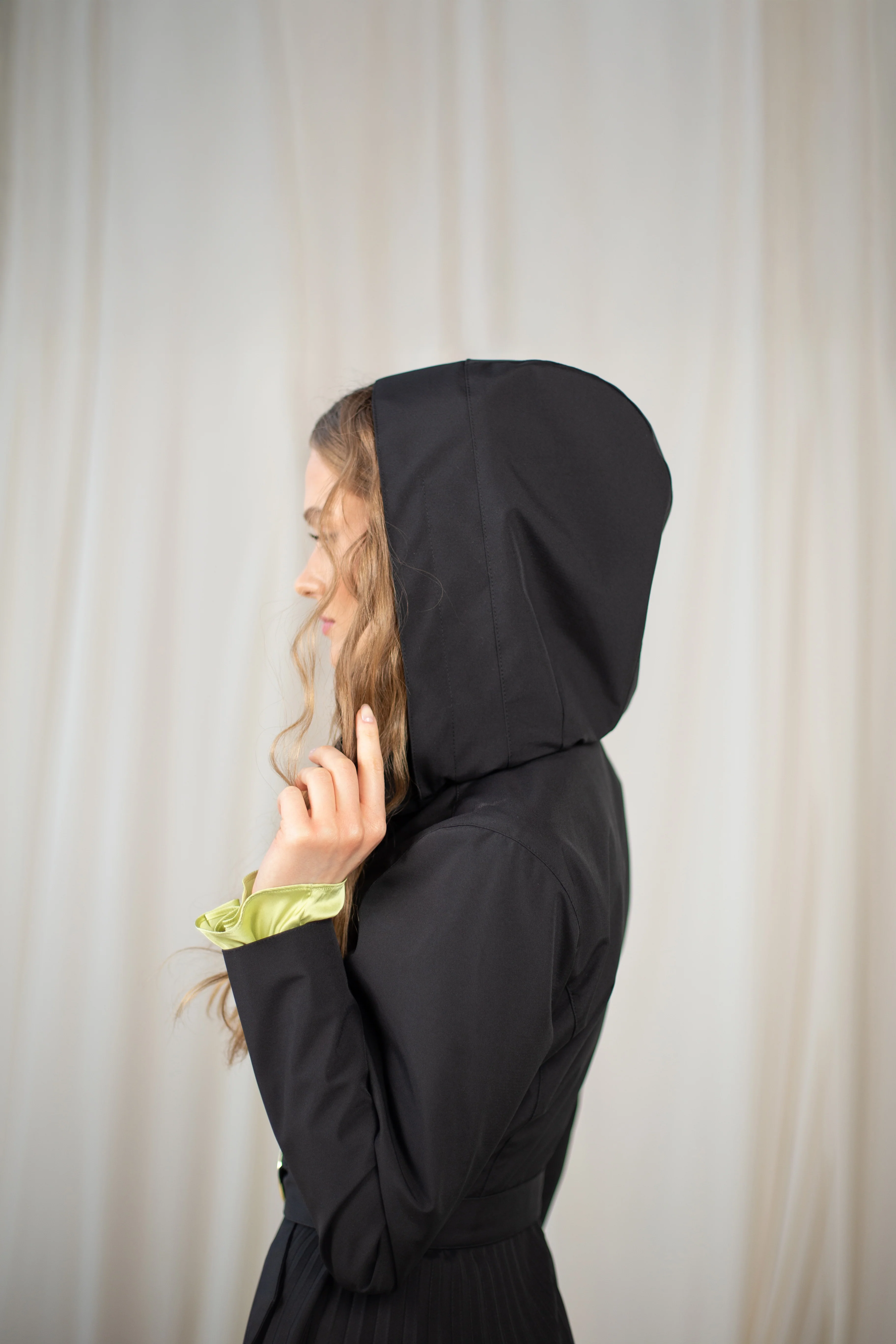 Fit and Flare Coat with A-Line Pleated Skirt for Spring in Black | Black Sway - Image 6