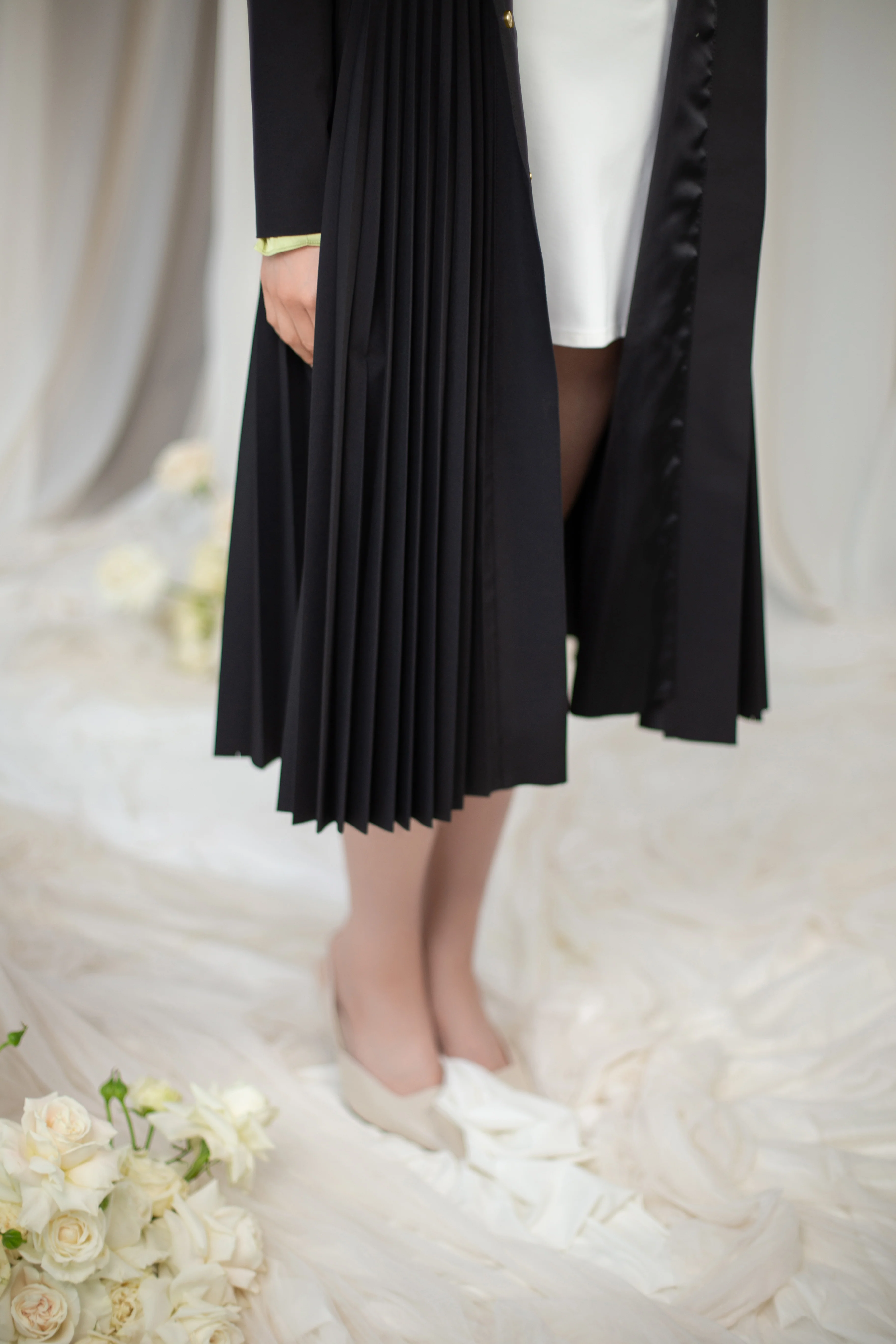 Fit and Flare Coat with A-Line Pleated Skirt for Spring in Black | Black Sway - Image 8