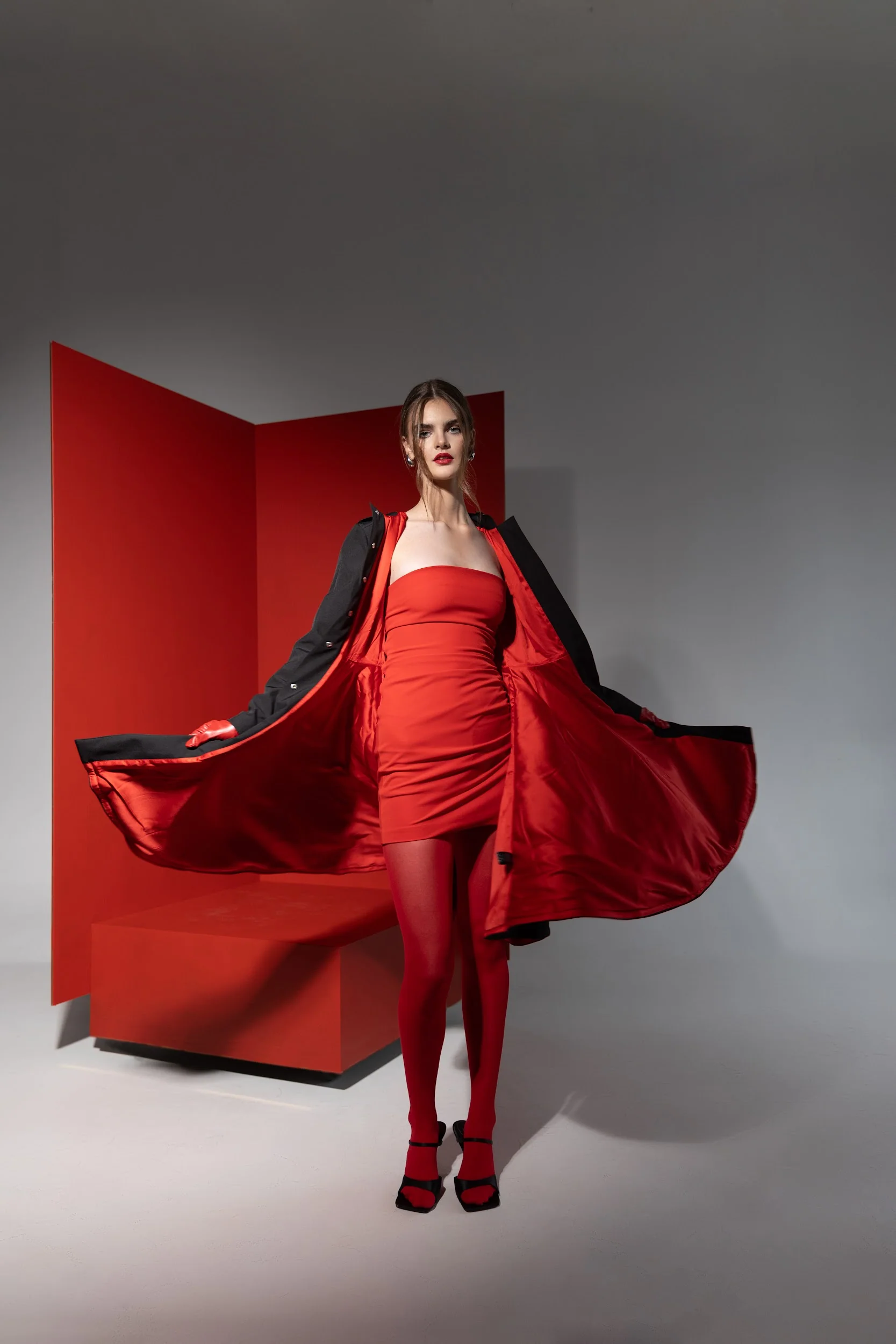 Fit and Flare Coat with Full Circle skirt in Black and Red | Raven Red - Image 6