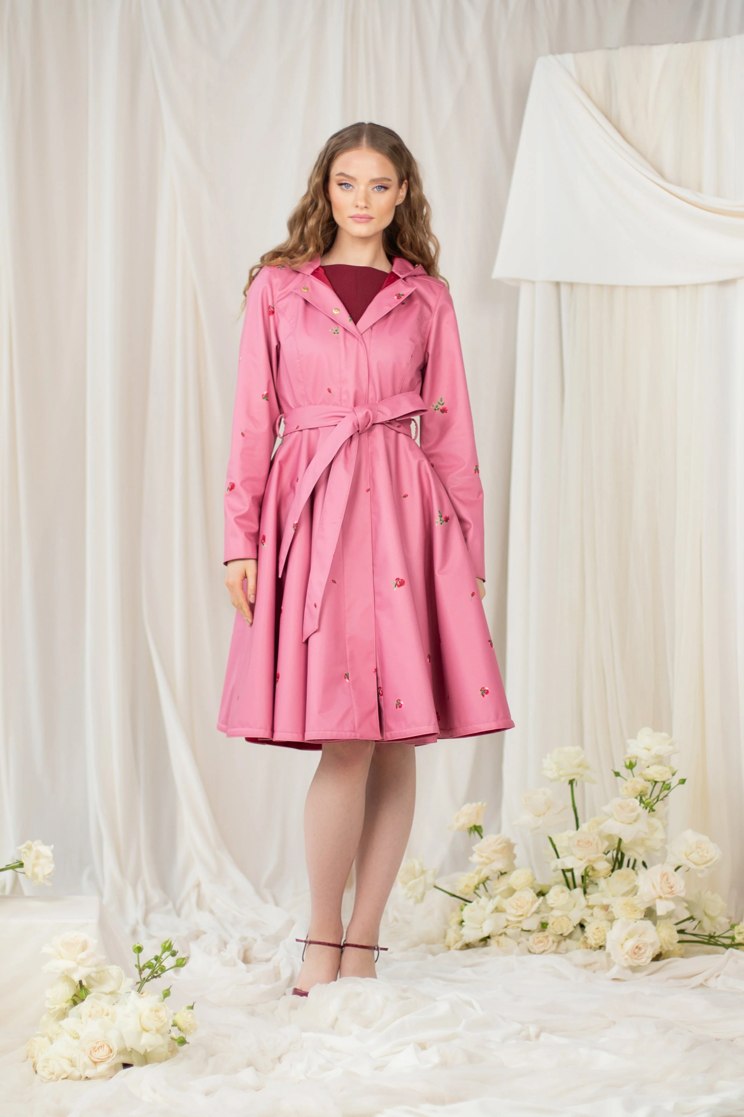 Fit and Flare Coat with Full Circle Skirt in Pink | Raspberry Sorbet - Image 3