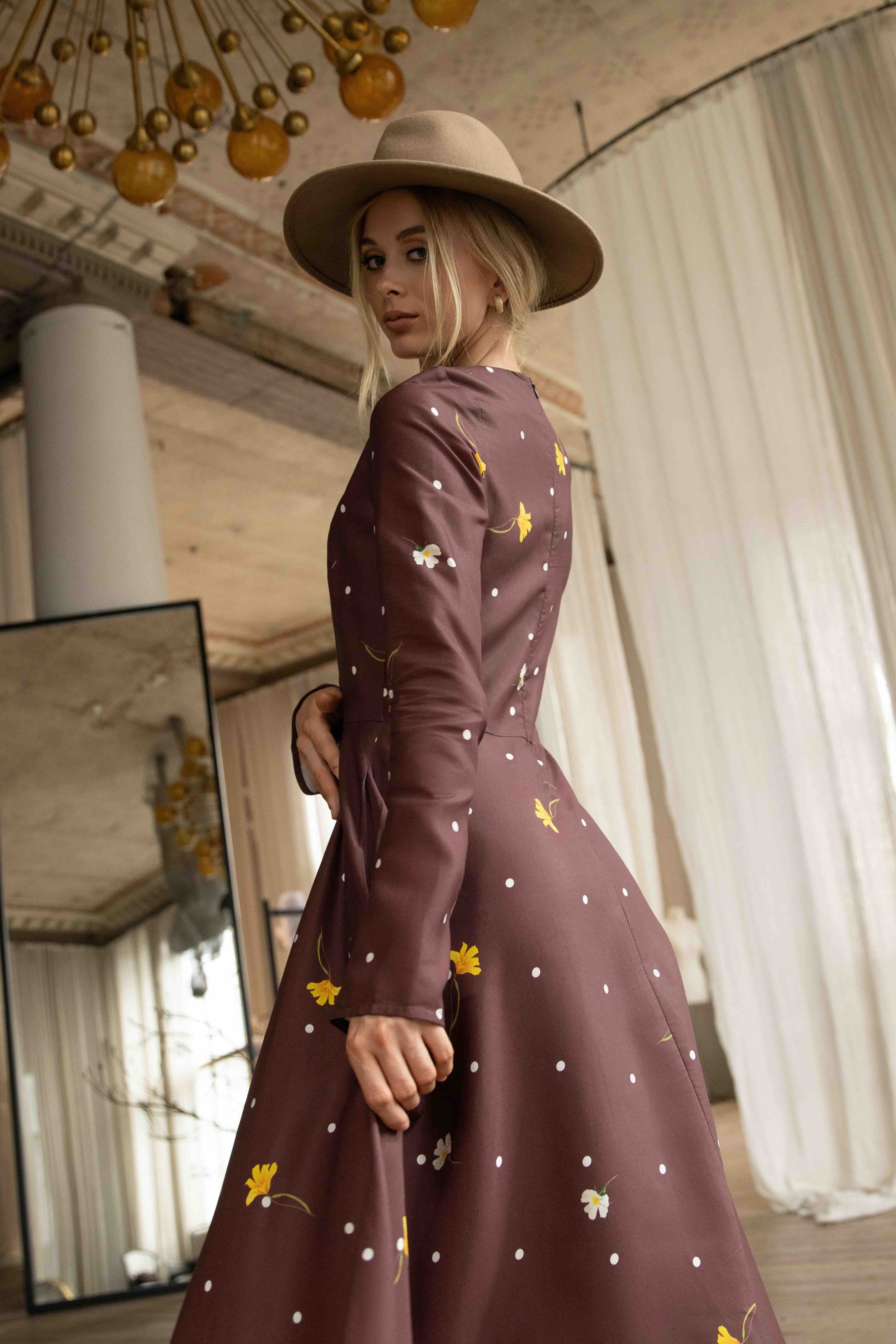 Fit and Flare Long Sleeve Dress in Brown | Vintage Flare