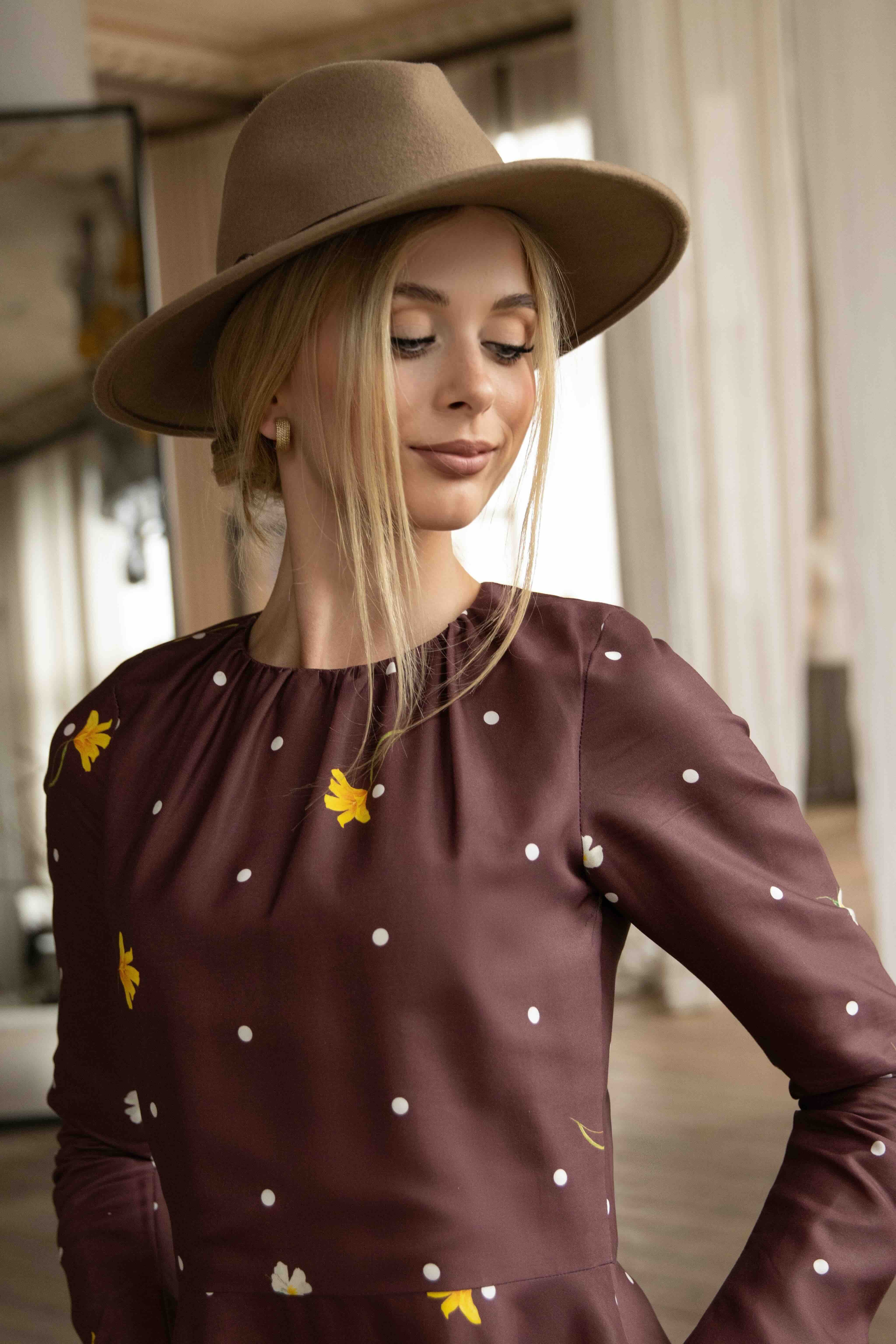 Fit and Flare Long Sleeve Dress in Brown | Vintage Flare - Image 7