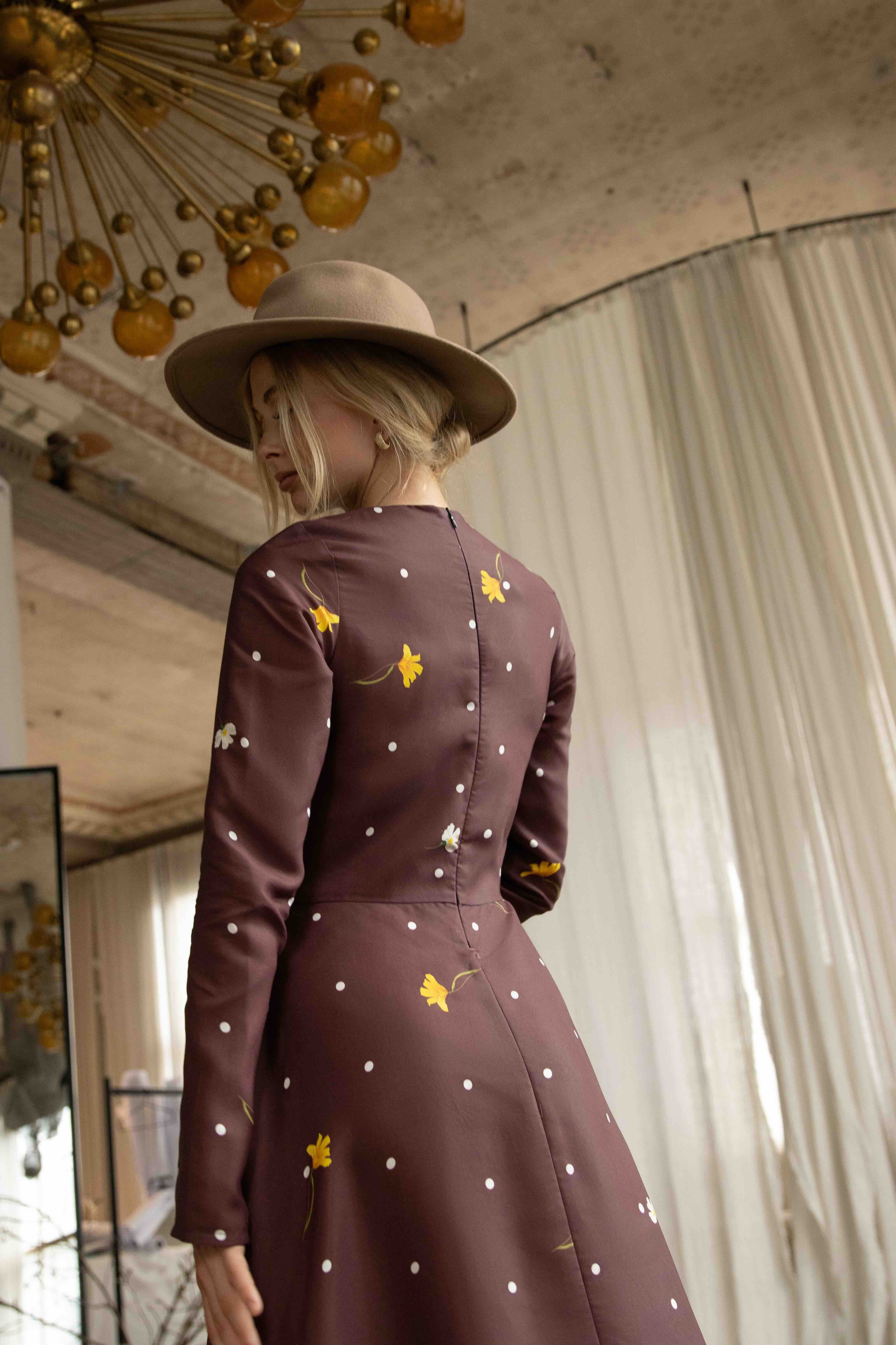 Fit and Flare Long Sleeve Dress in Brown | Vintage Flare - Image 8