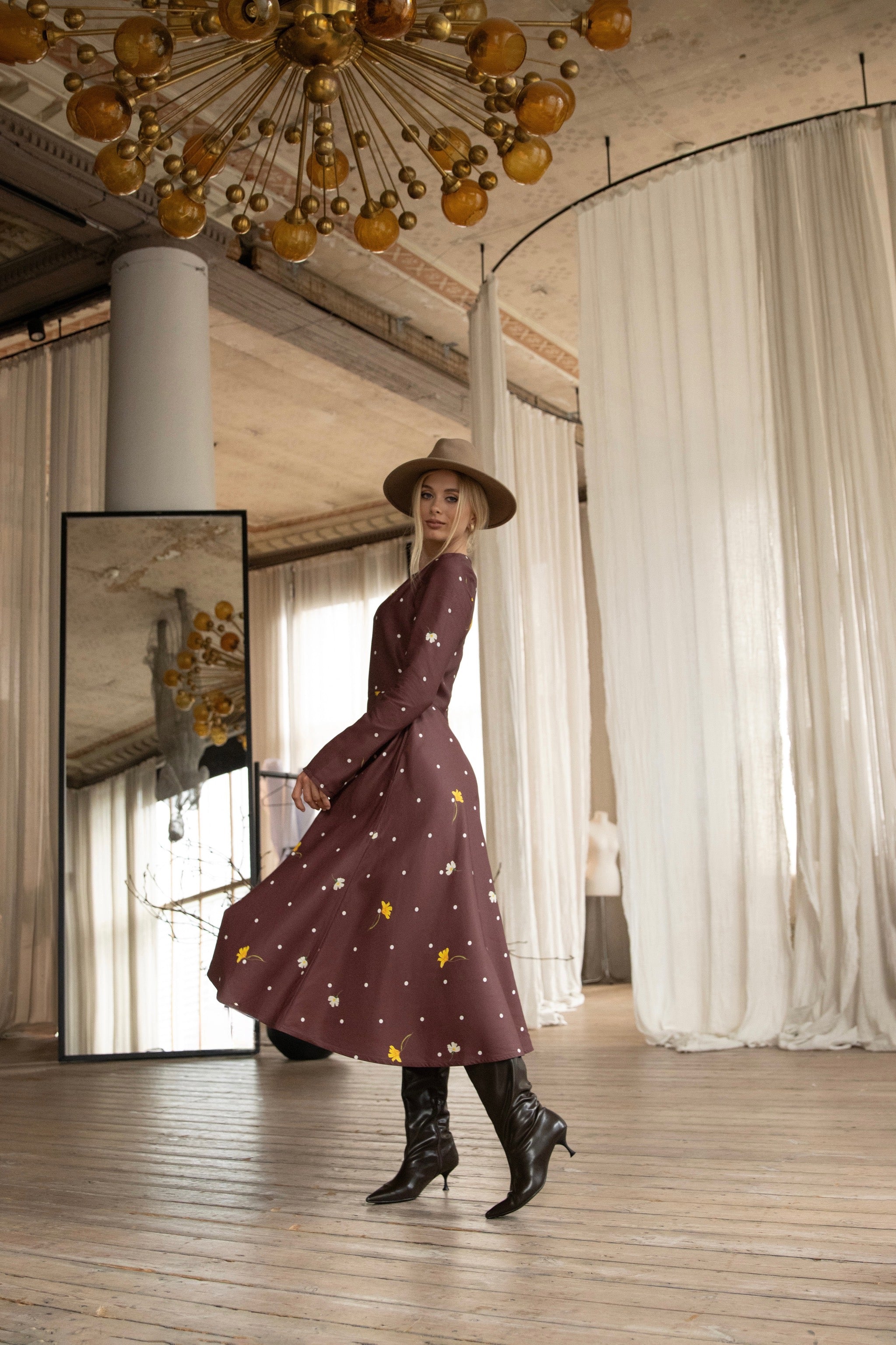 Fit and Flare Long Sleeve Dress in Brown | Vintage Flare - Image 9