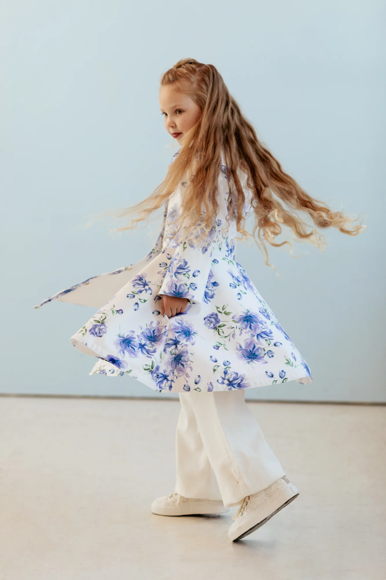 White Fitted and Flared Coat for Girls with Blue Flower Print | Blue Whisper - Image 3