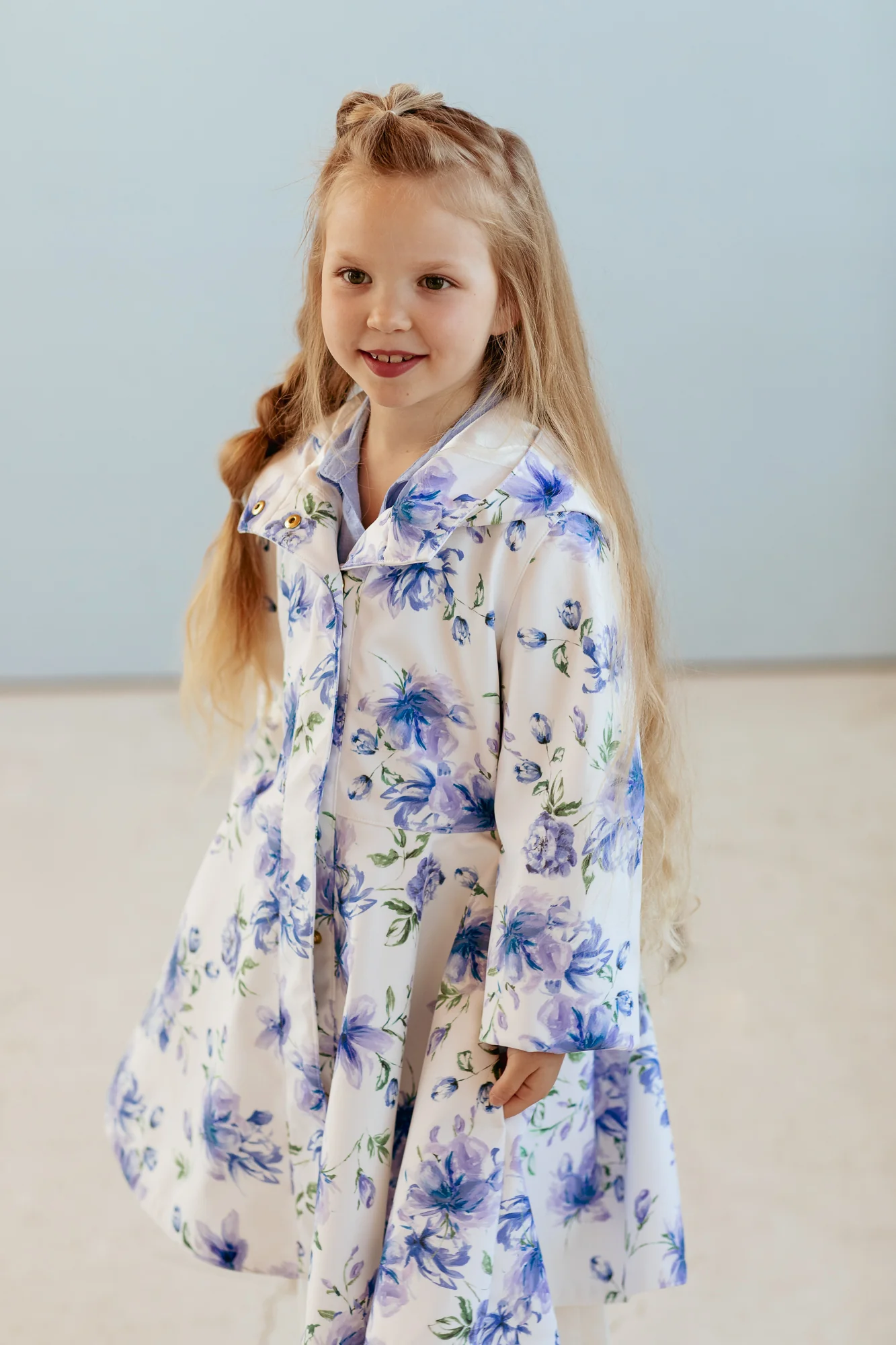 White Fitted and Flared Coat for Girls with Blue Flower Print | Blue Whisper - Image 4
