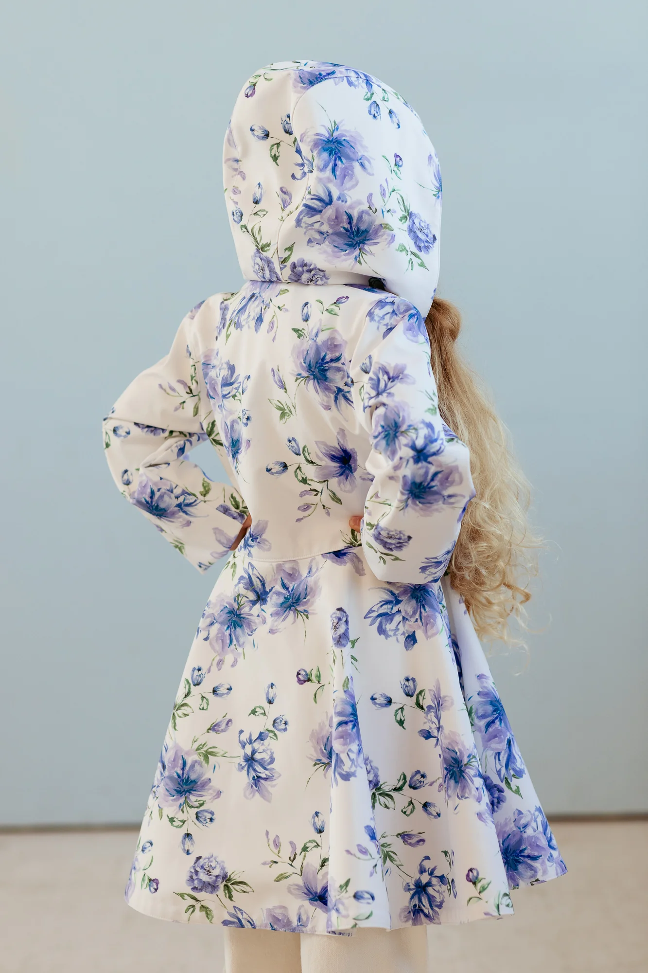 White Fitted and Flared Coat for Girls with Blue Flower Print | Blue Whisper - Image 5