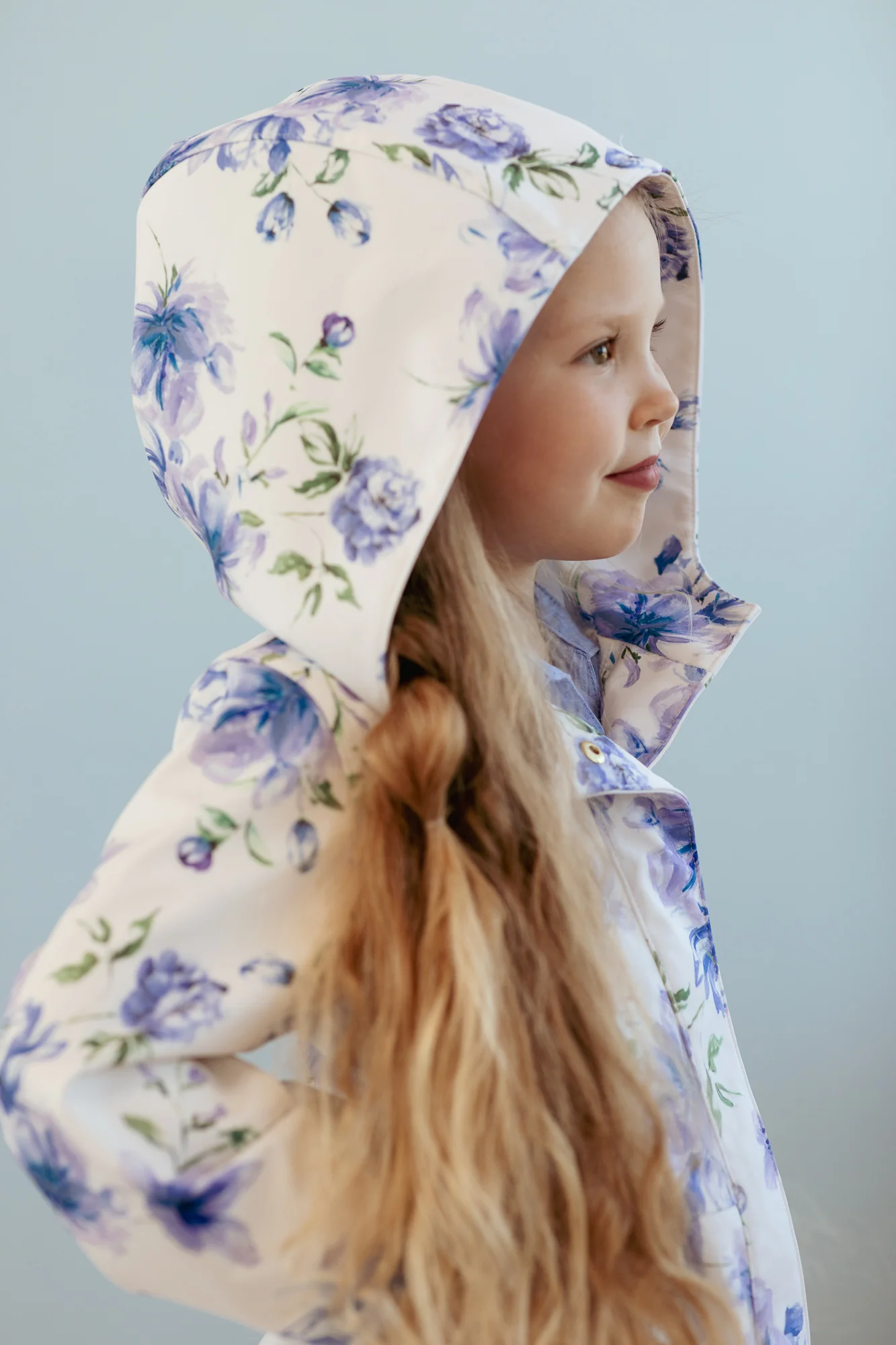 White Fitted and Flared Coat for Girls with Blue Flower Print | Blue Whisper - Image 6