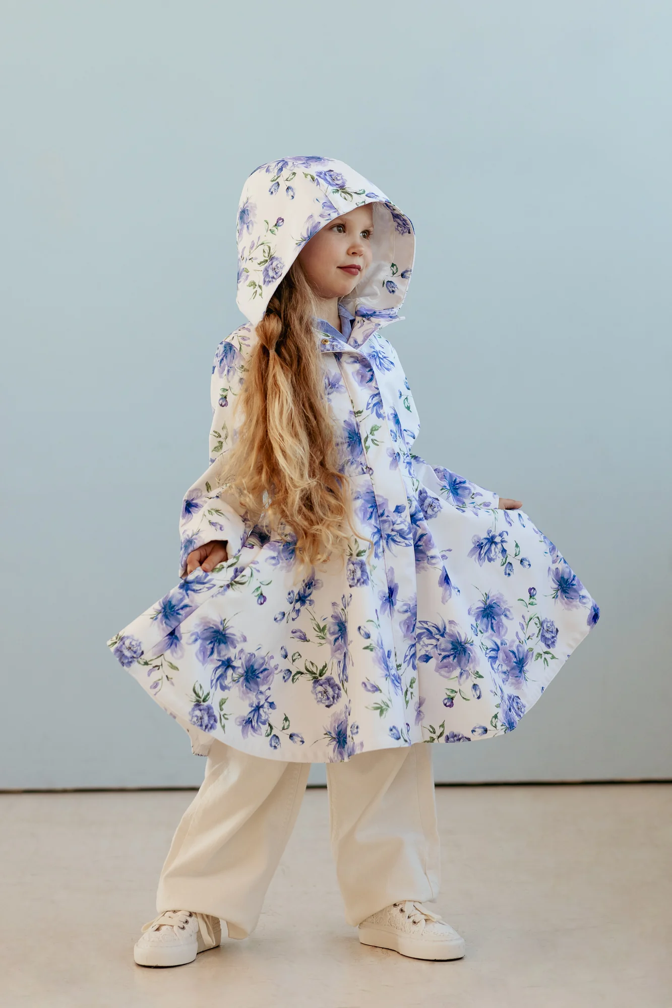 White Fitted and Flared Coat for Girls with Blue Flower Print | Blue Whisper - Image 7