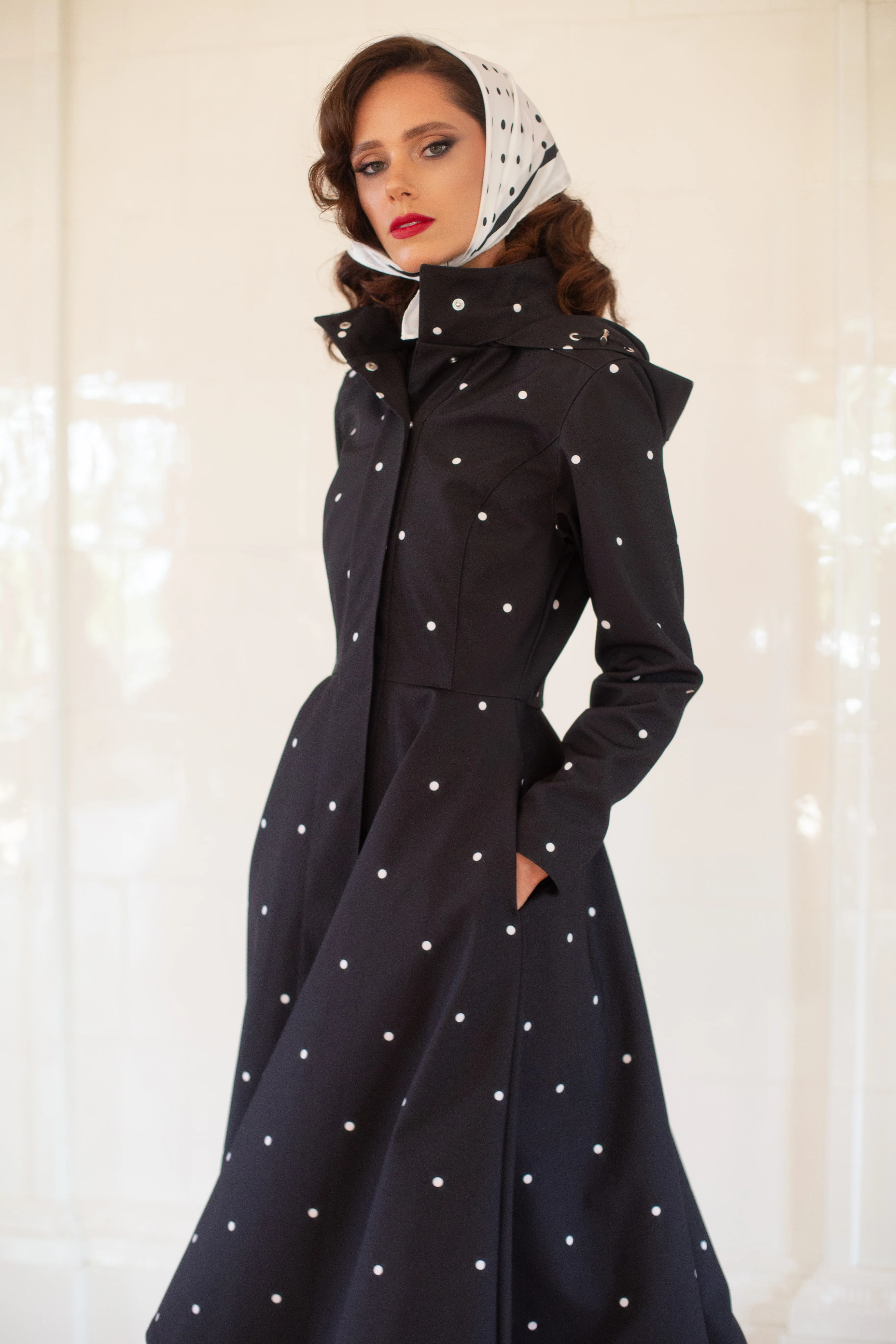Fit and Flare Coat with A-Line Skirt in Black | Timeless Polka Dots - Image 4