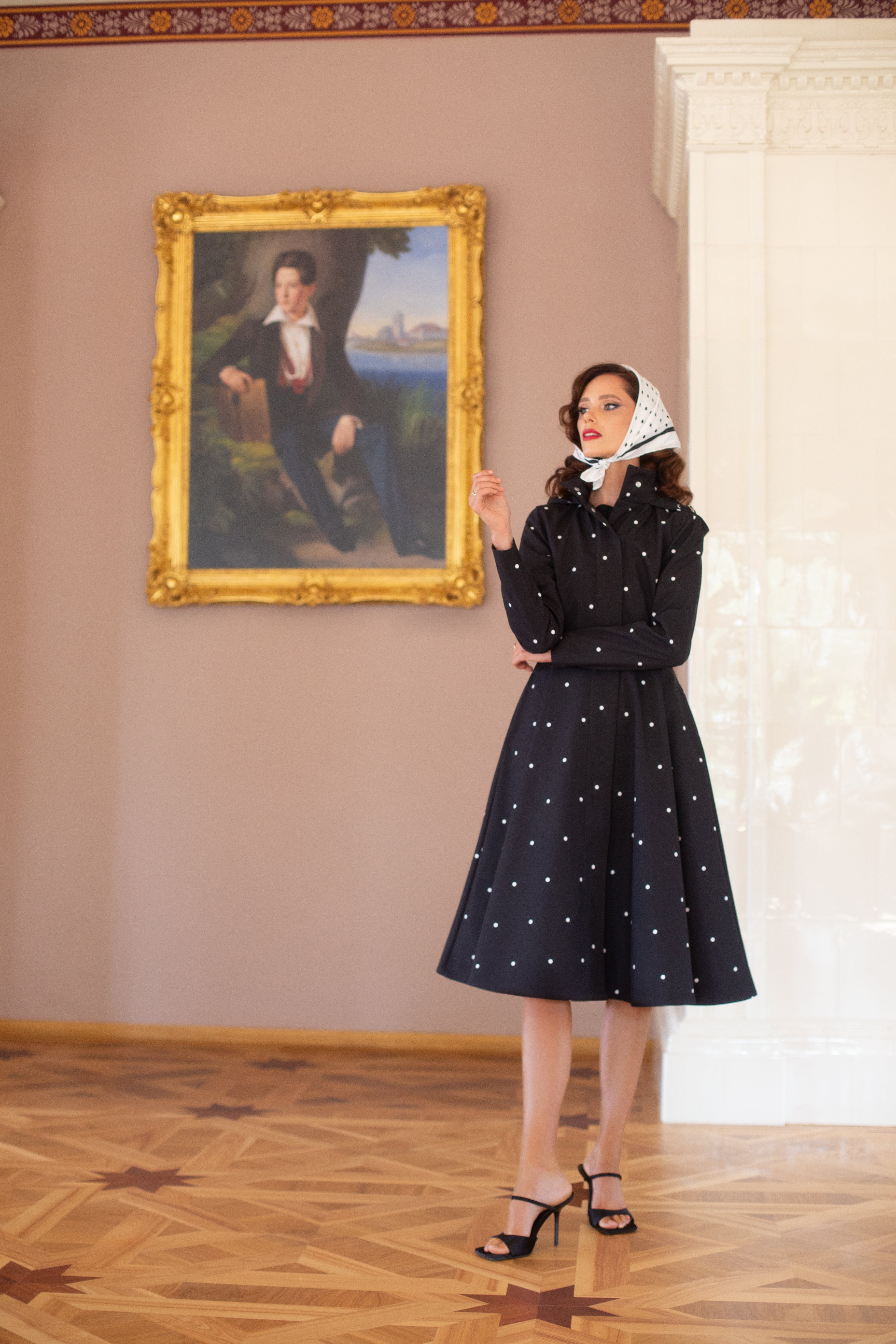 Fit and Flare Coat with A-Line Skirt in Black | Timeless Polka Dots - Image 5