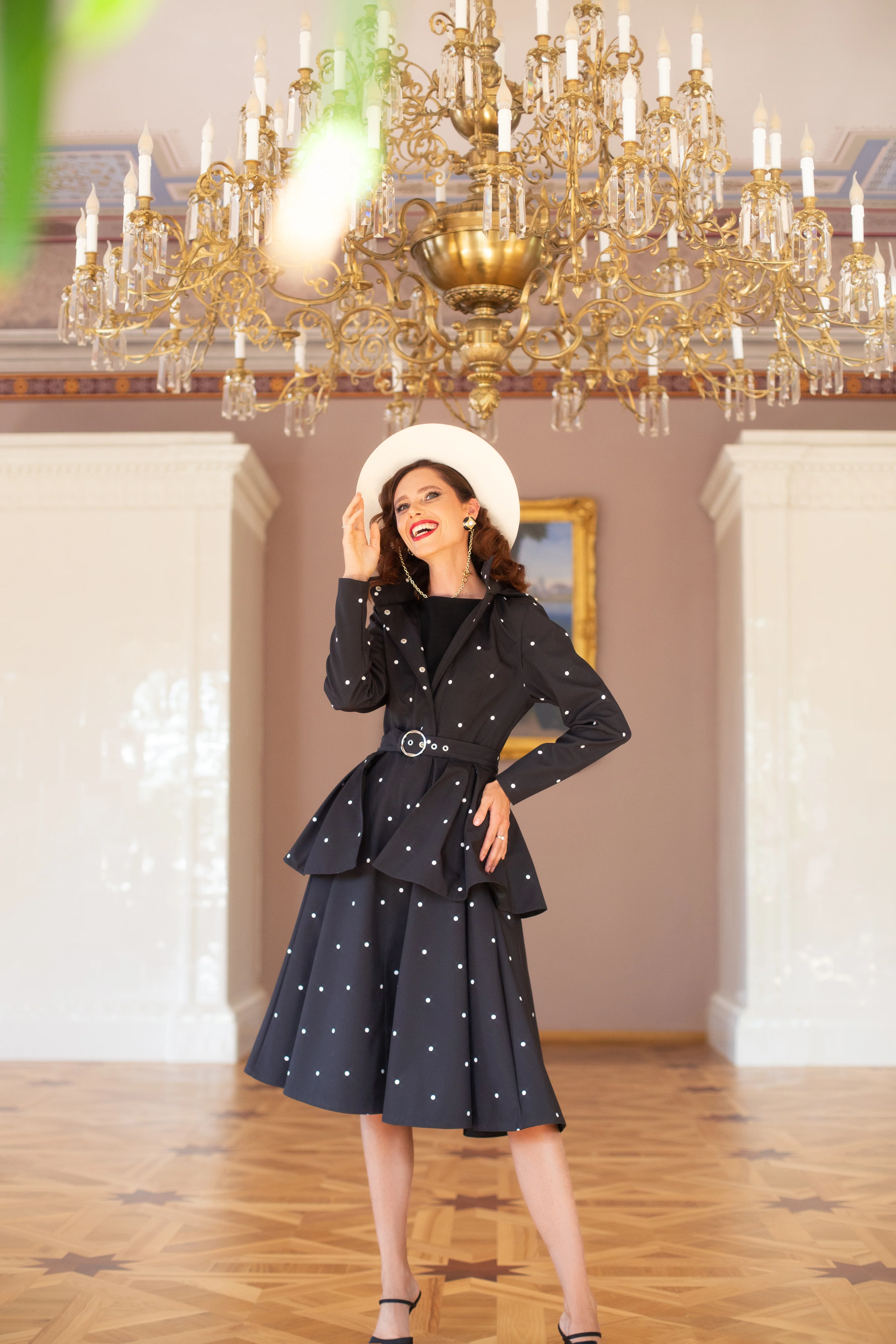 Fit and Flare Coat with A-Line Skirt in Black | Timeless Polka Dots - Image 8