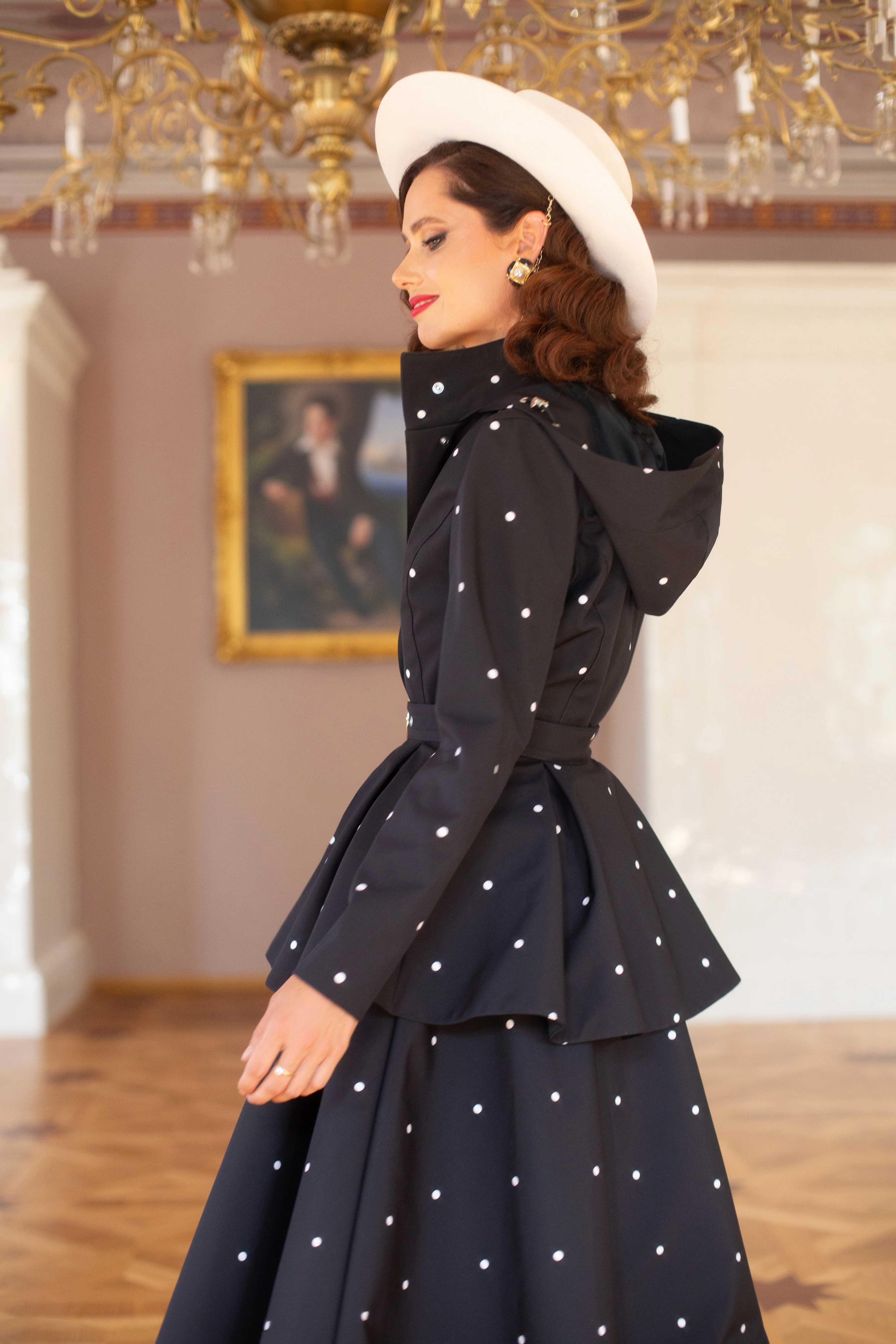 Fit and Flare Coat with A-Line Skirt in Black | Timeless Polka Dots - Image 9