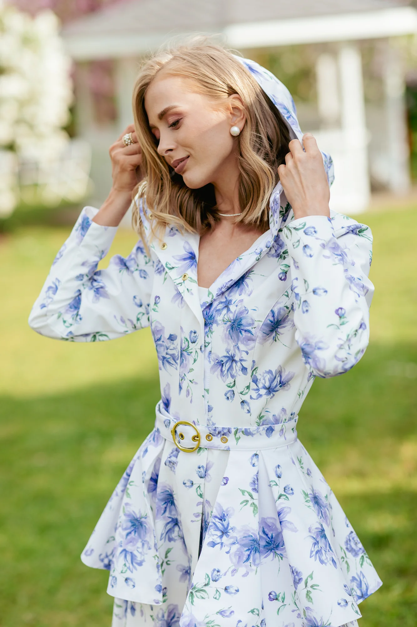 Fit and Flare Coat with A-Line Skirt in White with Blue Flower Print | Floral White - Image 5