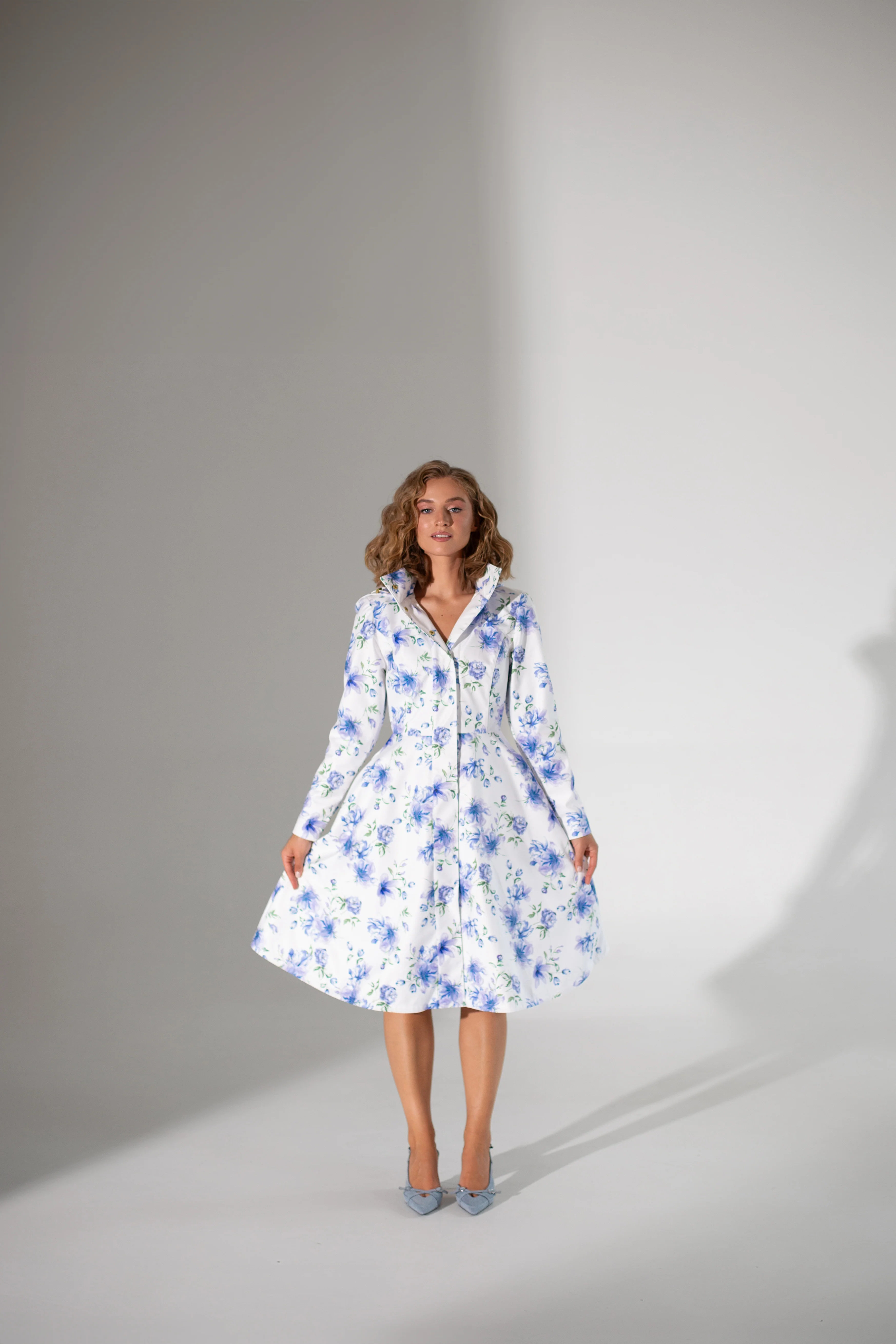 Fit and Flare Coat with A-Line Skirt in White with Blue Flower Print | Floral White - Image 7