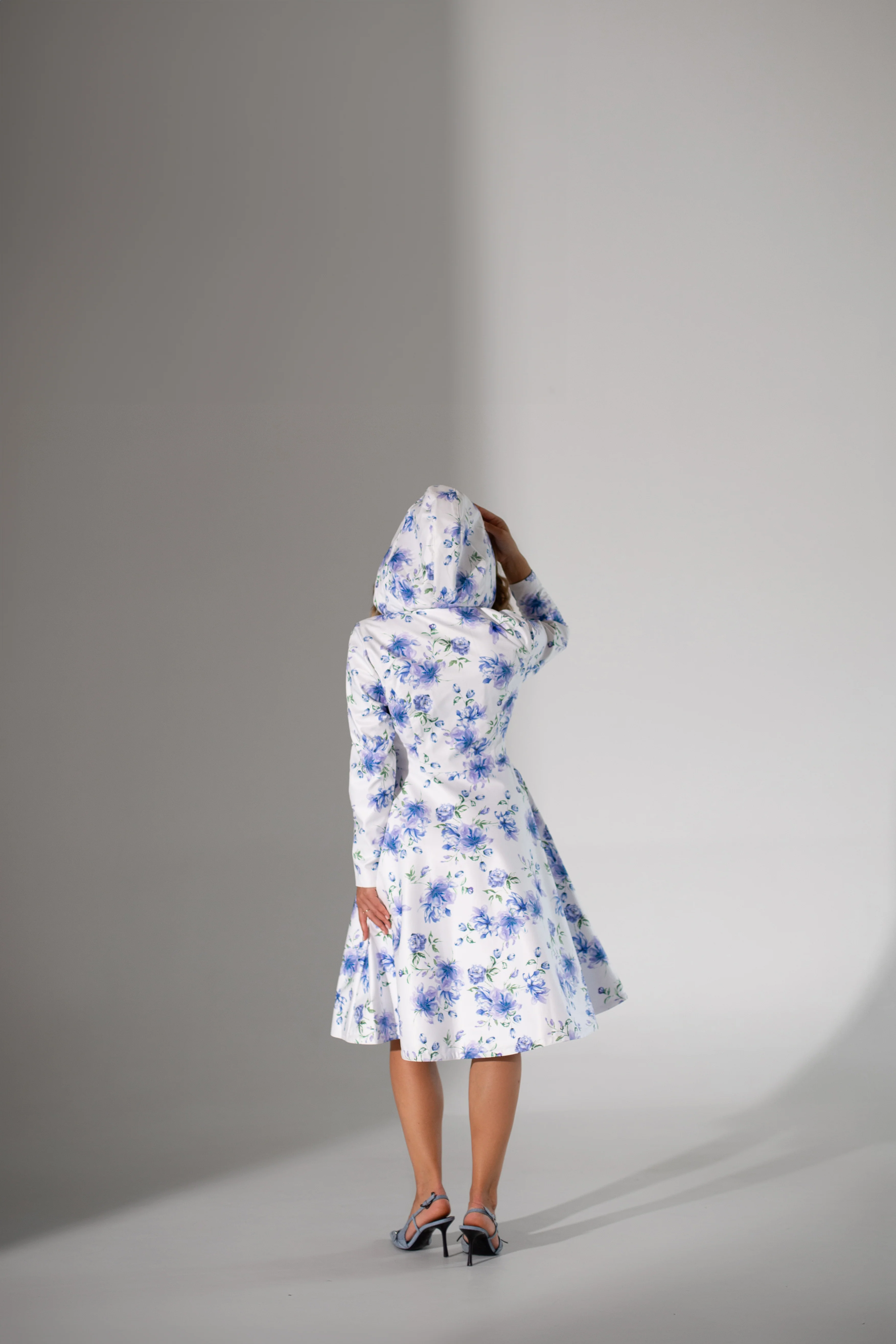 Fit and Flare Coat with A-Line Skirt in White with Blue Flower Print | Floral White - Image 8