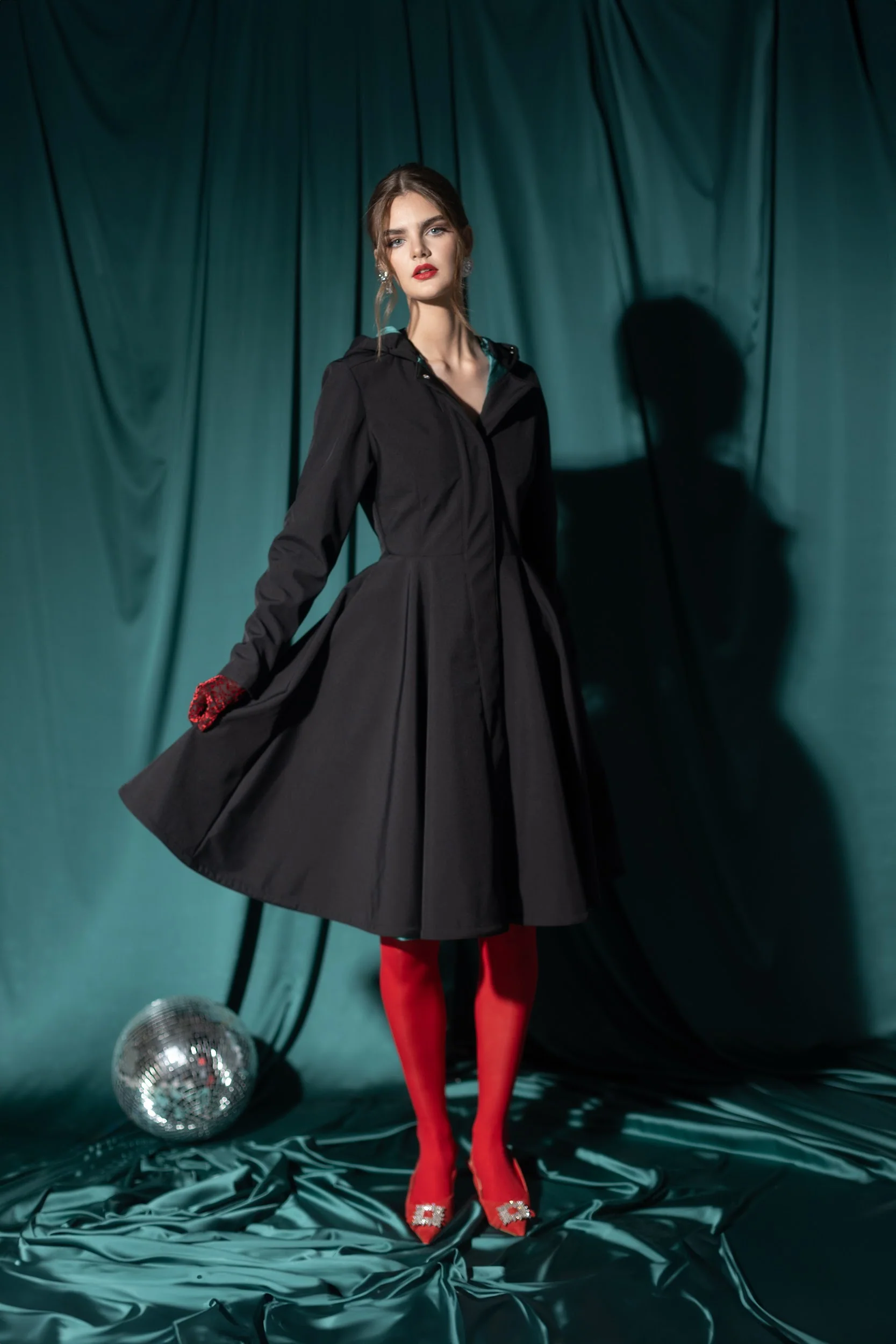 Fit and Flare Coat with Full Circle Skirt in Black with Emerald Green | Deep Emerald - Image 3
