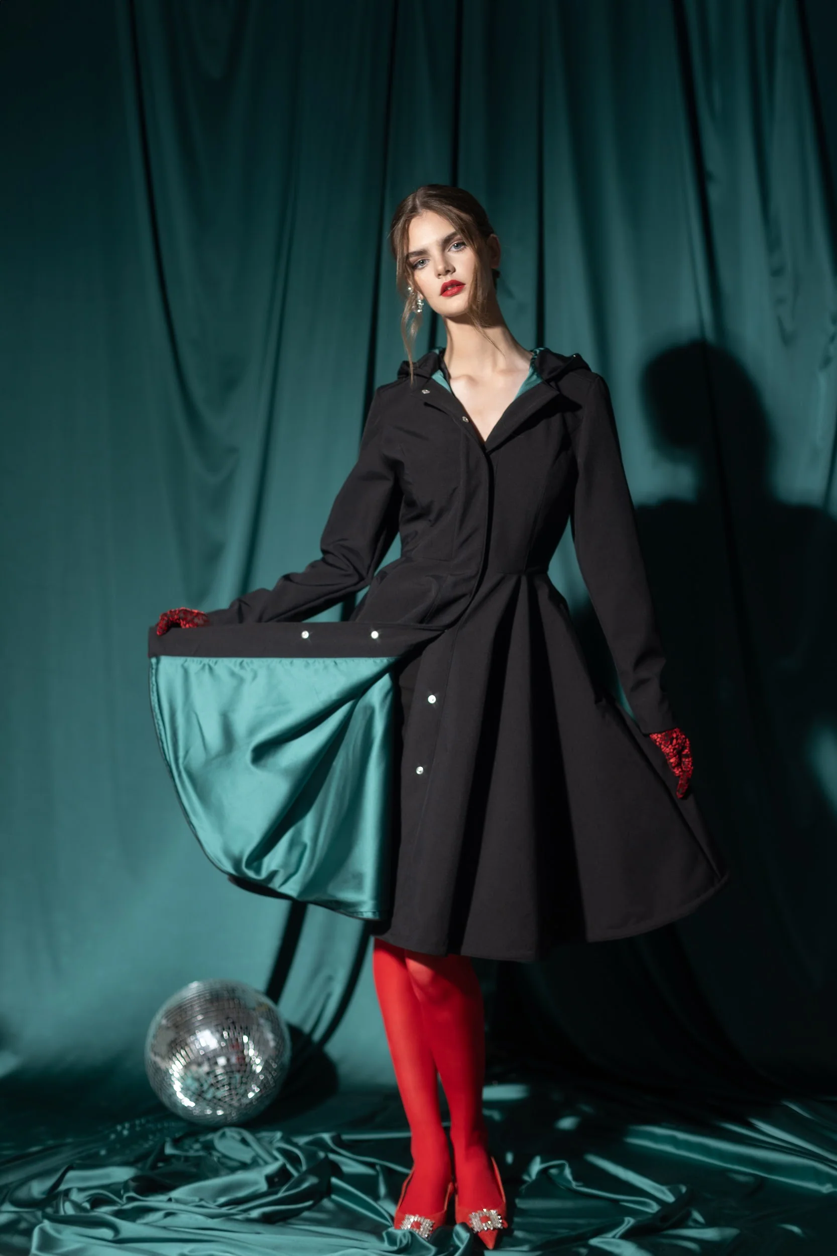 Fit and Flare Coat with Full Circle Skirt in Black with Emerald Green | Deep Emerald - Image 4