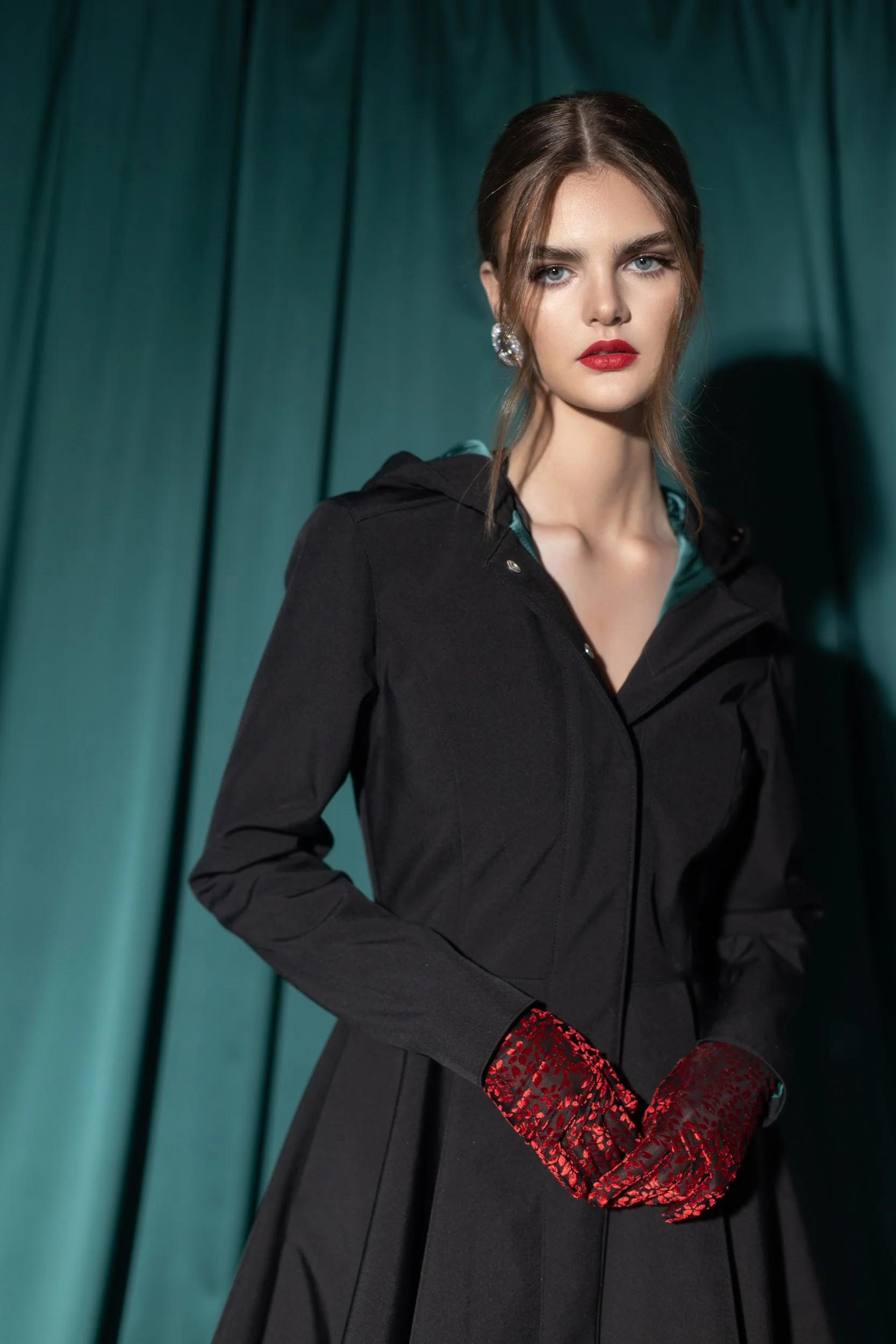 Fit and Flare Coat with Full Circle Skirt in Black with Emerald Green | Deep Emerald - Image 5