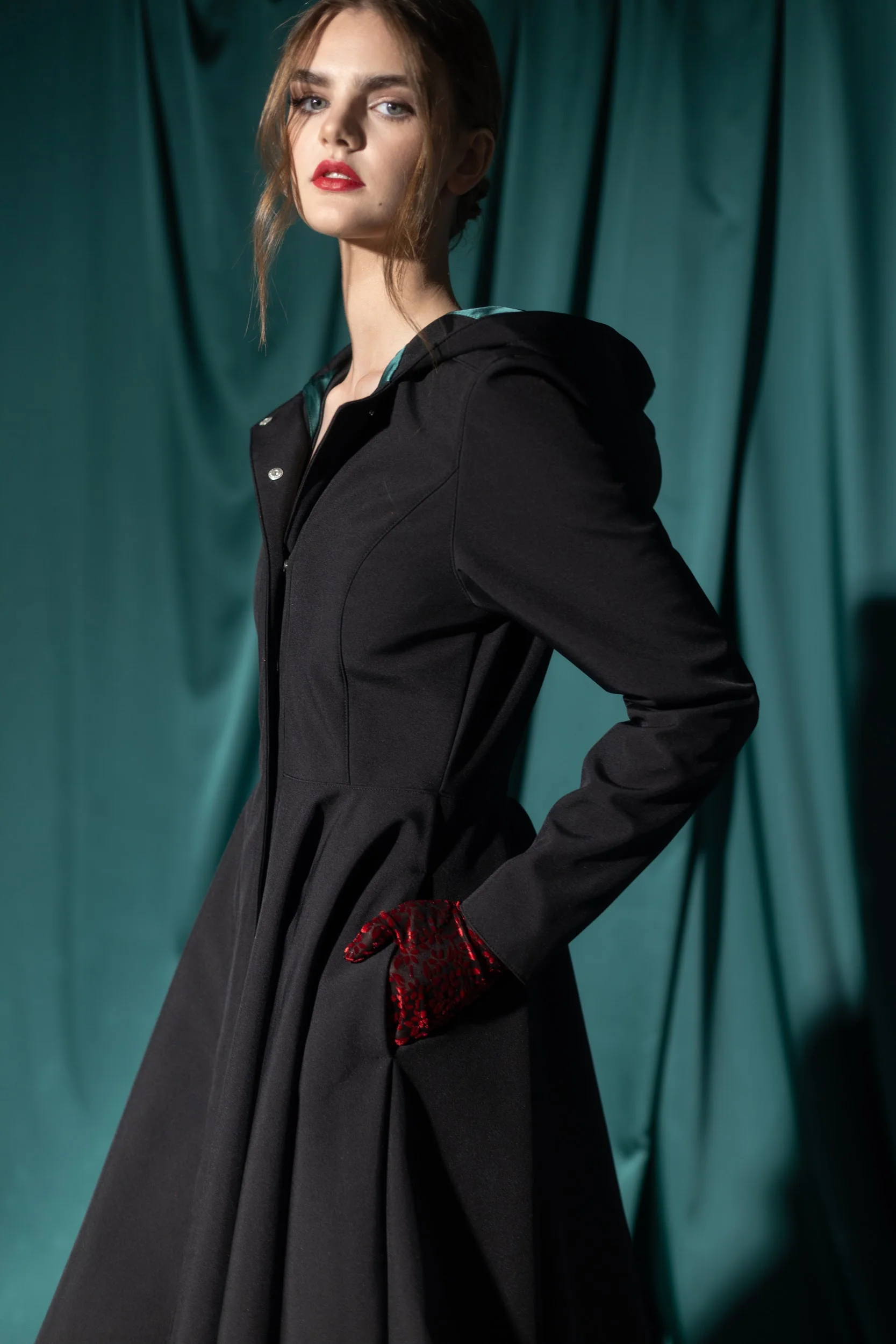 Fit and Flare Coat with Full Circle Skirt in Black with Emerald Green | Deep Emerald - Image 6