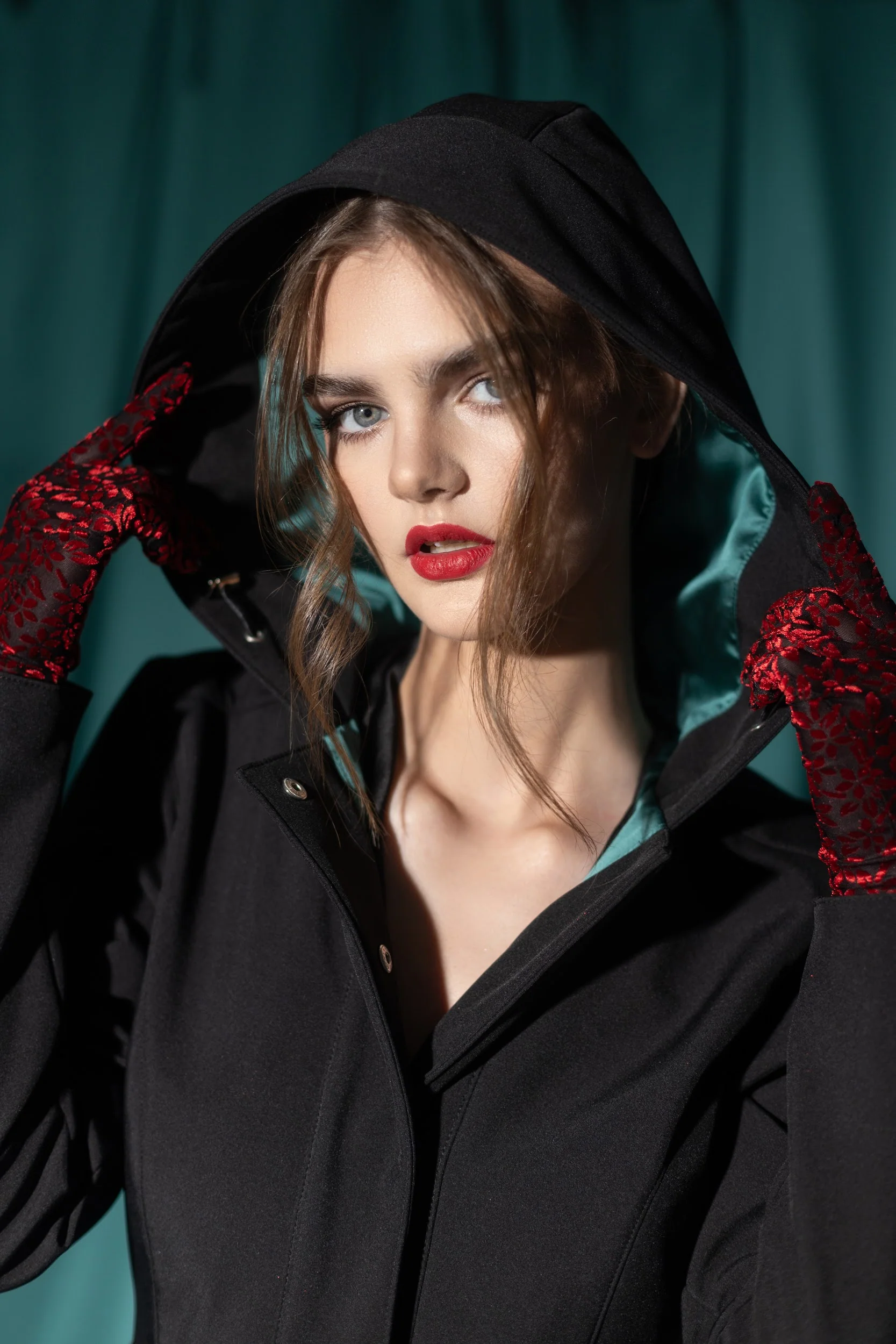 Fit and Flare Coat with Full Circle Skirt in Black with Emerald Green | Deep Emerald - Image 7