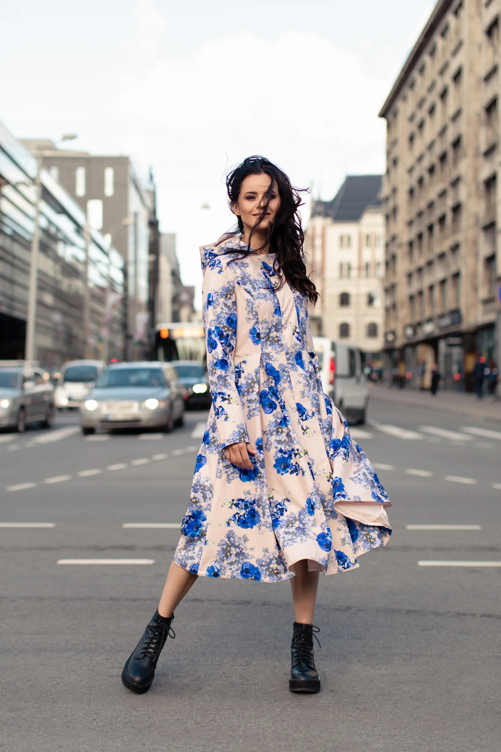 Fit and Flare Coat with Pleated Skirts in Beige and Blue | Cornflower Blue - Image 3