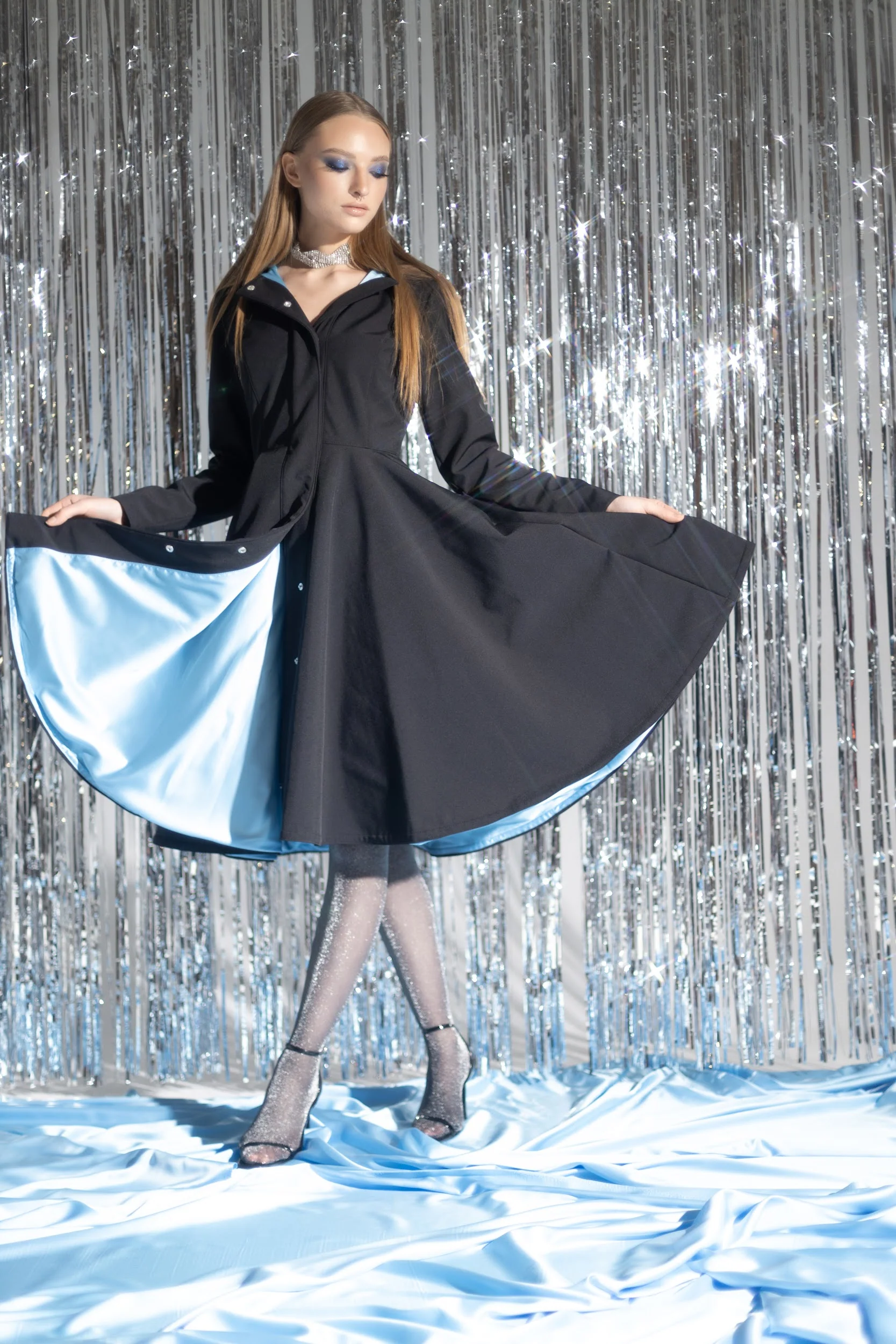 Fit and Flare Black Coat with Full Circle Skirt and Sapphire Blue Lining  | Black Sapphire - Image 4