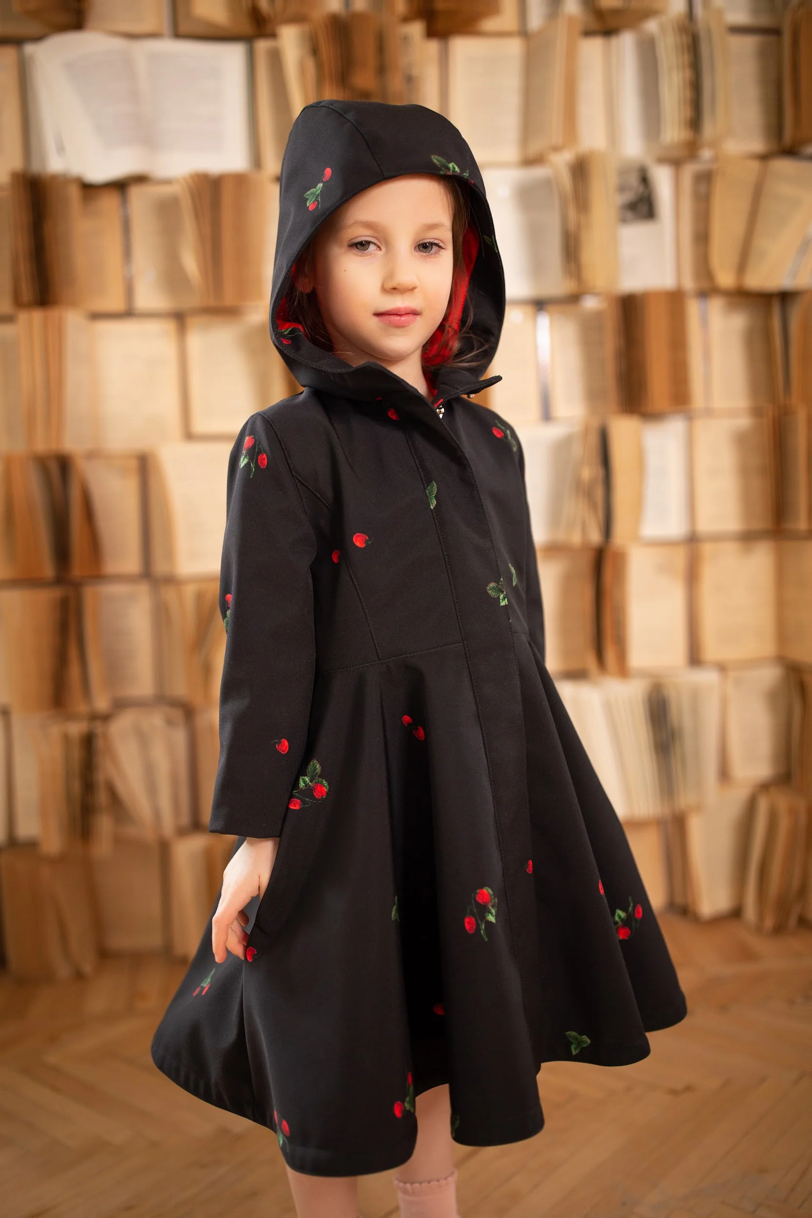 Girls' Black Coat with Red Strawberry Print | Wild Strawberry - Image 3