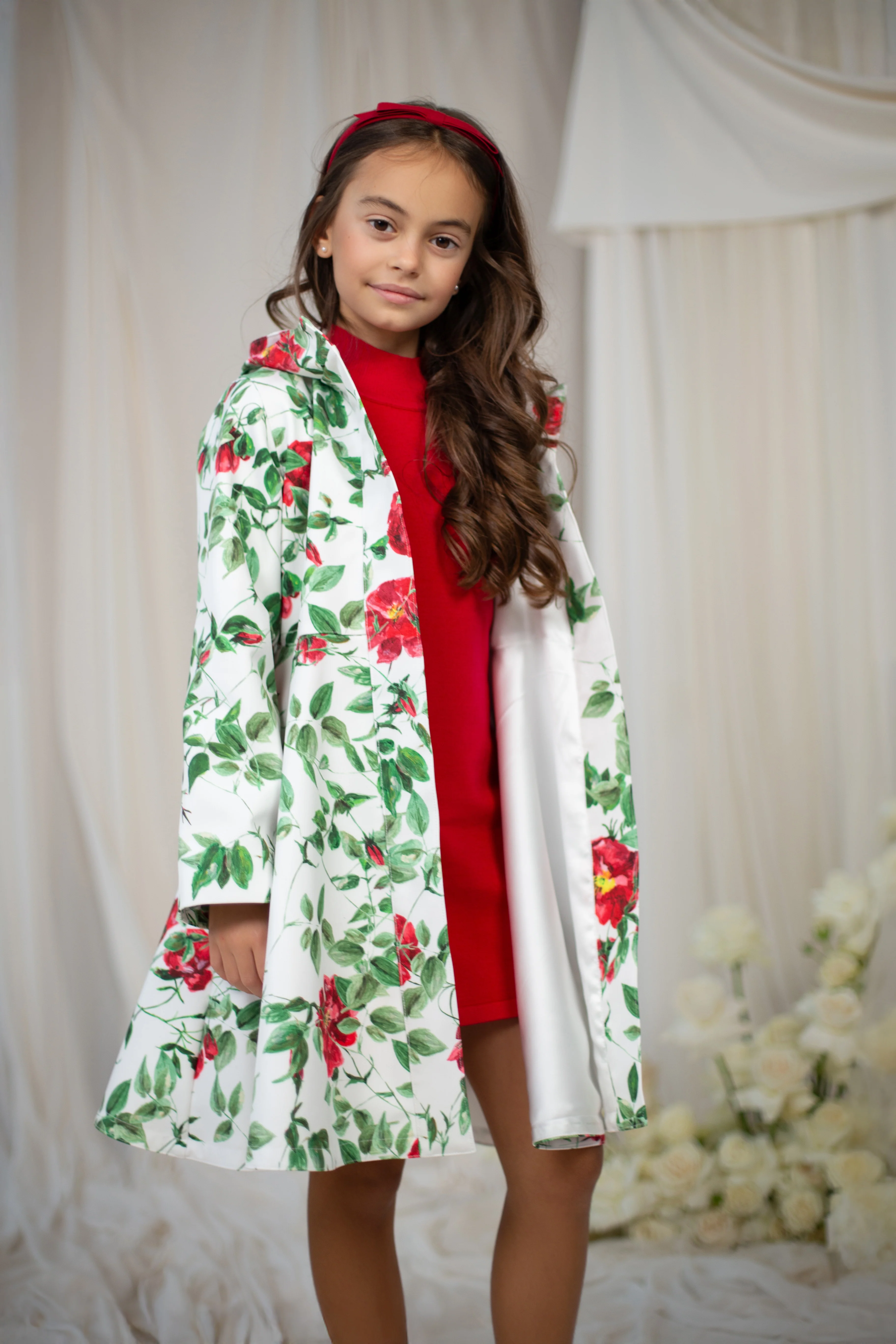 Girls' White Coat with Flower Print | Charming Rose - Image 2