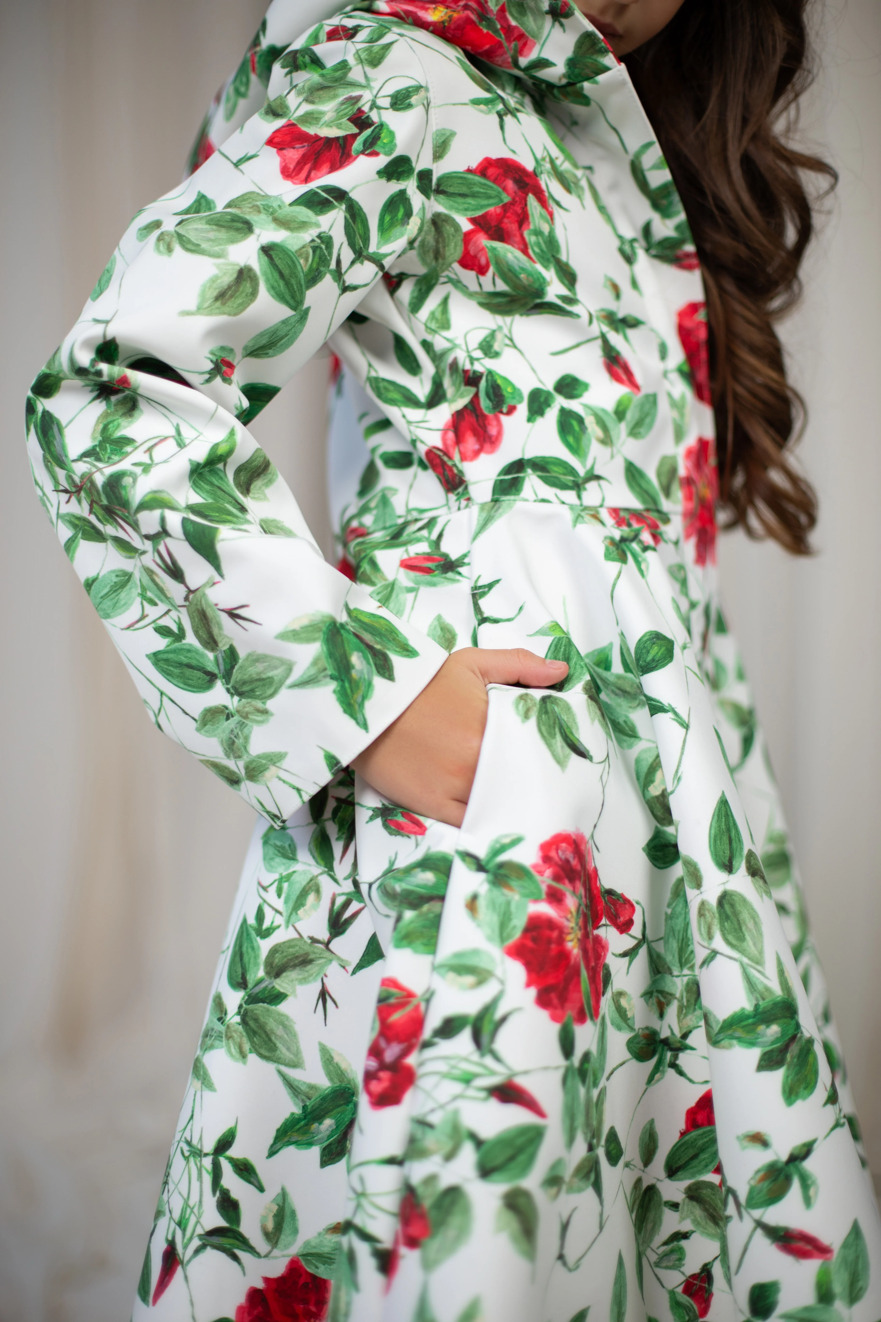 Girls' White Coat with Flower Print | Charming Rose - Image 3